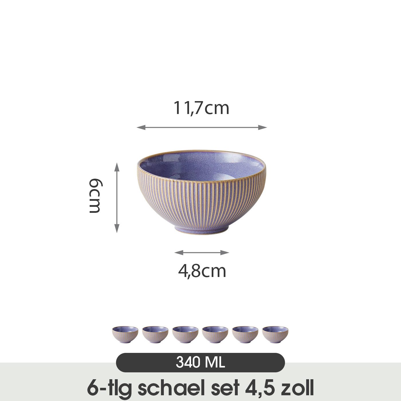 JIWOO Müslischale 6er Ø11,7cm, Frühstückschalen Eisschale Dessertschalen Obstschale, Keramik, (Schaleset, 6-tlg), Bowl, Hochwertiges Schalen Lila Schale Mikrowellenofen Spülmaschine