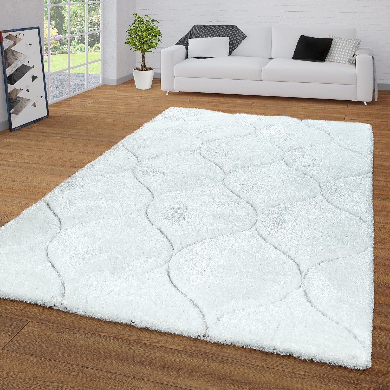 Hochflor-Teppich Teppich Wohnzimmer Hochflor Weiß Shaggy 3-D, TT Home,  rechteckig, Höhe: 44 mm