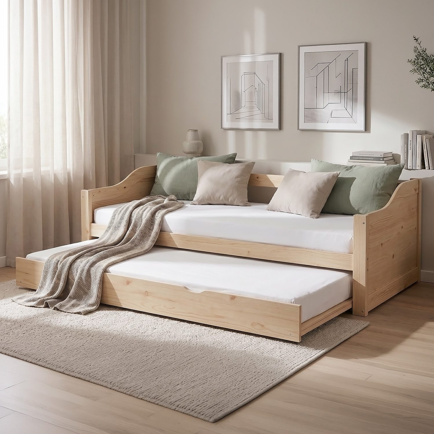 Homestyle4u Ausziehbett 90x200 Holz Gästebett mit Ausziehfunktion 2 Liegeflächen Doppelbett (Set mit 2x Lattenrost), oben: 90x200 unten: 90x190, 2 Personen/Kinder, Stauraumbett