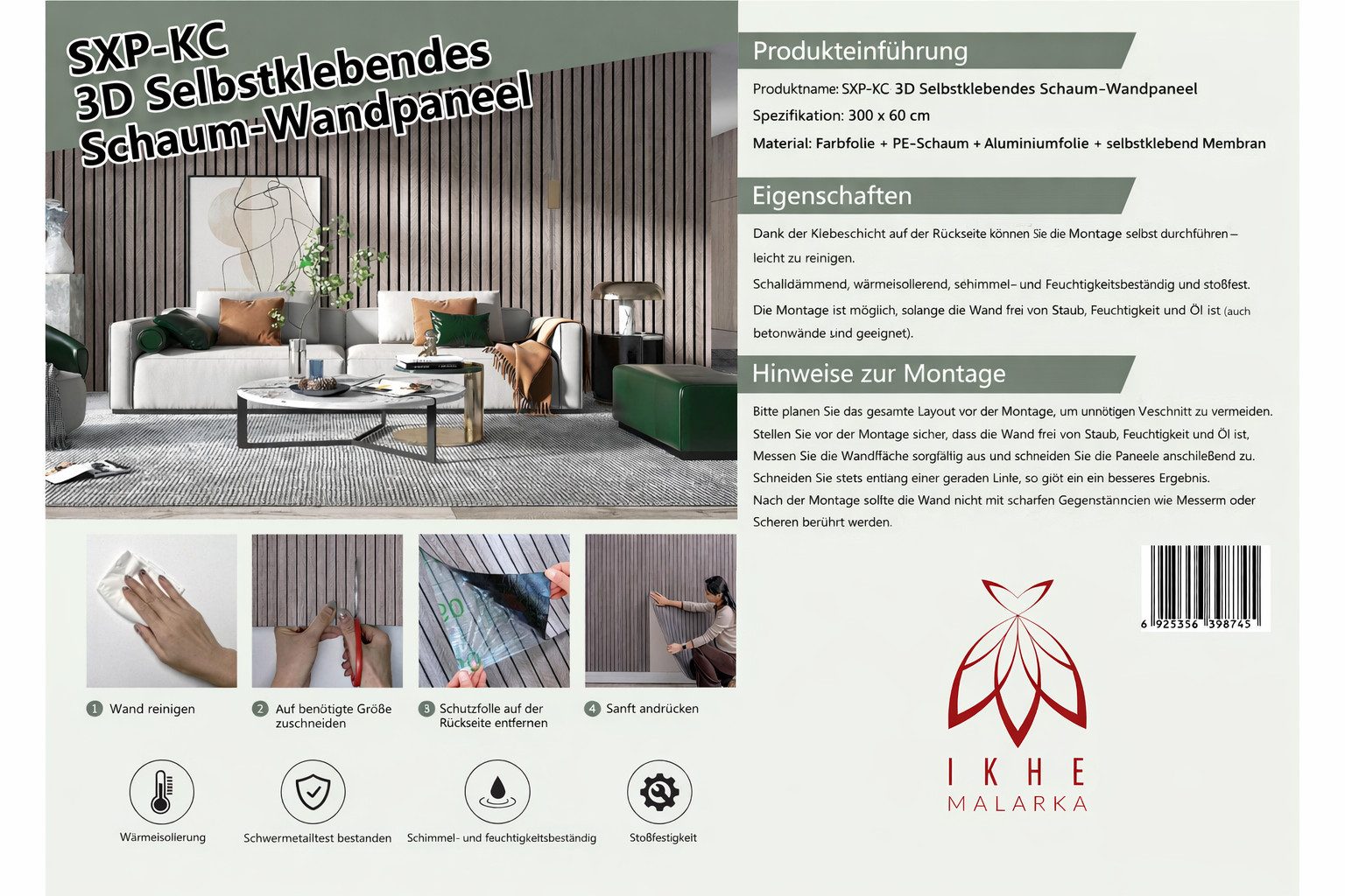 IKHEMalarka Wandpaneel Selbstklebende Flexible Schaum-Wandverkleidung 1,8 m², BxL: 60x300 cm, 1,8 qm, (1 Rolle = 1,8 m², 300x60cm) Schall- und wärmeisolierend,  – Bild 5 von 5
