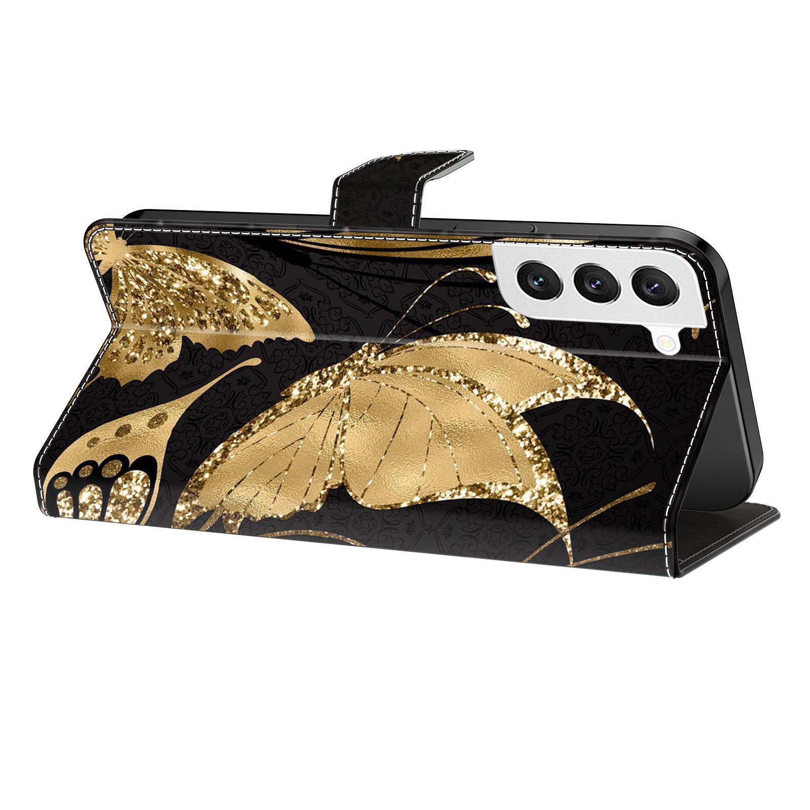 CLM-Tech Handytasche für Samsung Galaxy A16 / A17 5G Hülle aus PU-Leder Klapphülle (goldene Schmetterlinge, Handyhülle mit Standfunktion - Wallet Flip Case inklusive Kartenfächer), Cover mit Magnetverschluss