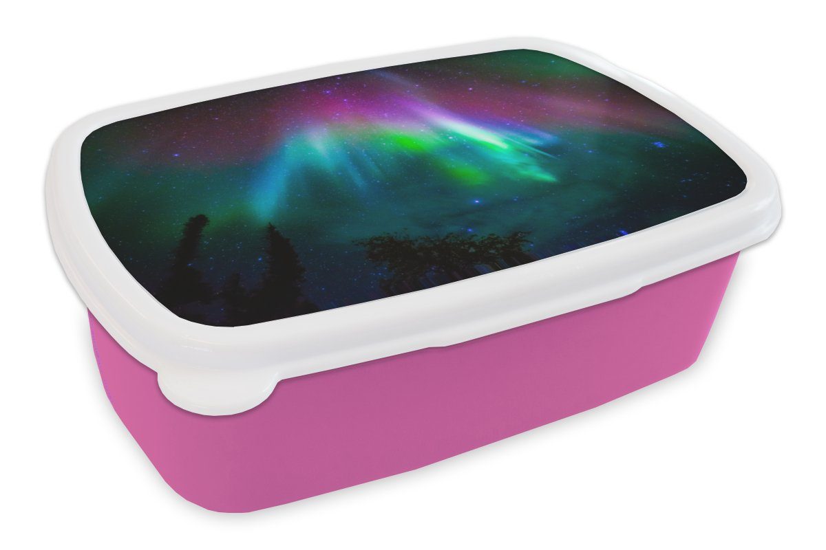 MuchoWow Lunchbox Nordlichter - Sternenhimmel - Farben, Kunststoff, (2-tlg), Brotbox für Erwachsene, Brotdose Kinder, Snackbox, Mädchen, Kunststoff rosa