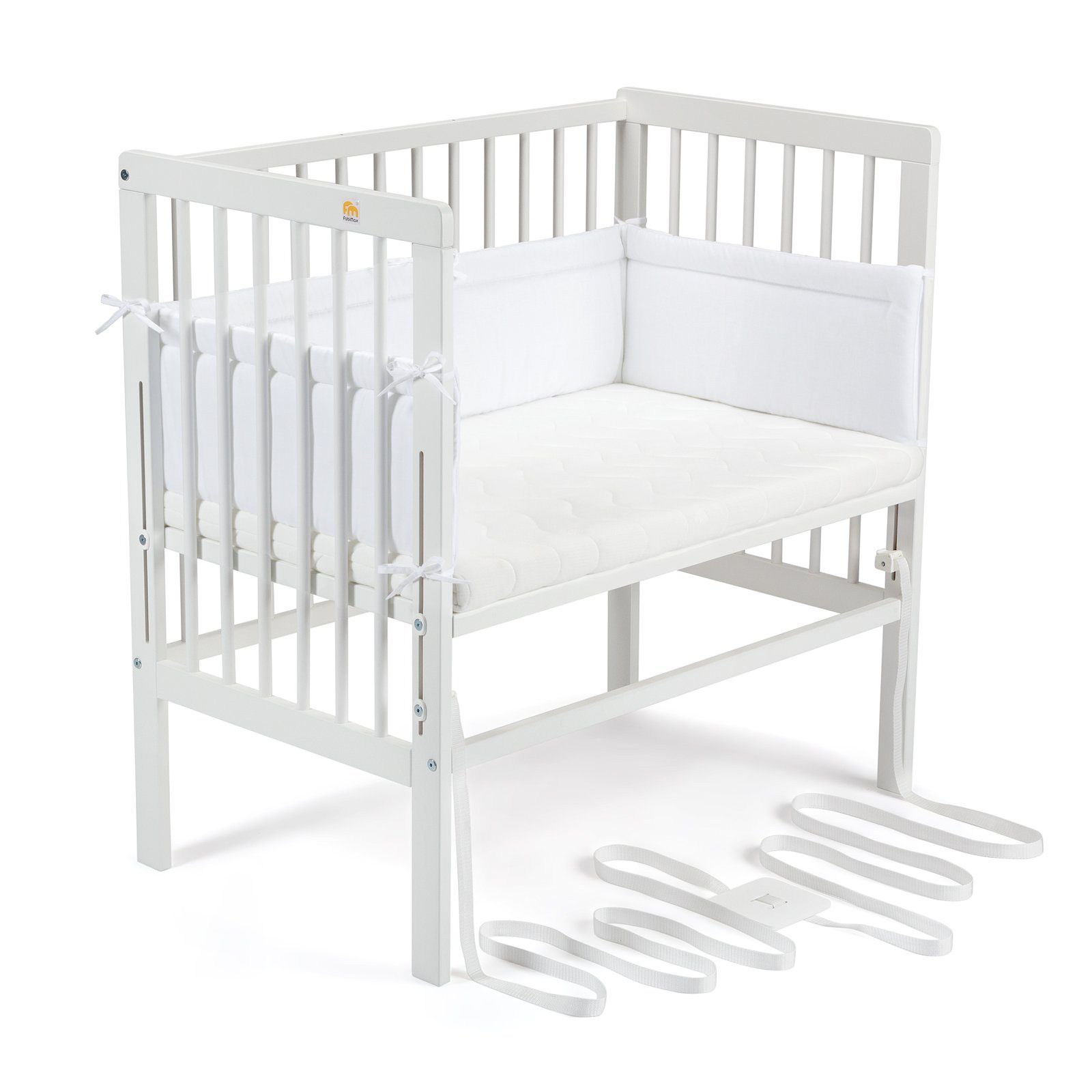 FabiMax Beistellbett Babybett Boxspring weiß lackiert, 90 x 55 cm Liegefläche, aus Buchenholz, Stufenlos höhenverstellbar 40-73 cm, Holz-Lattenrost