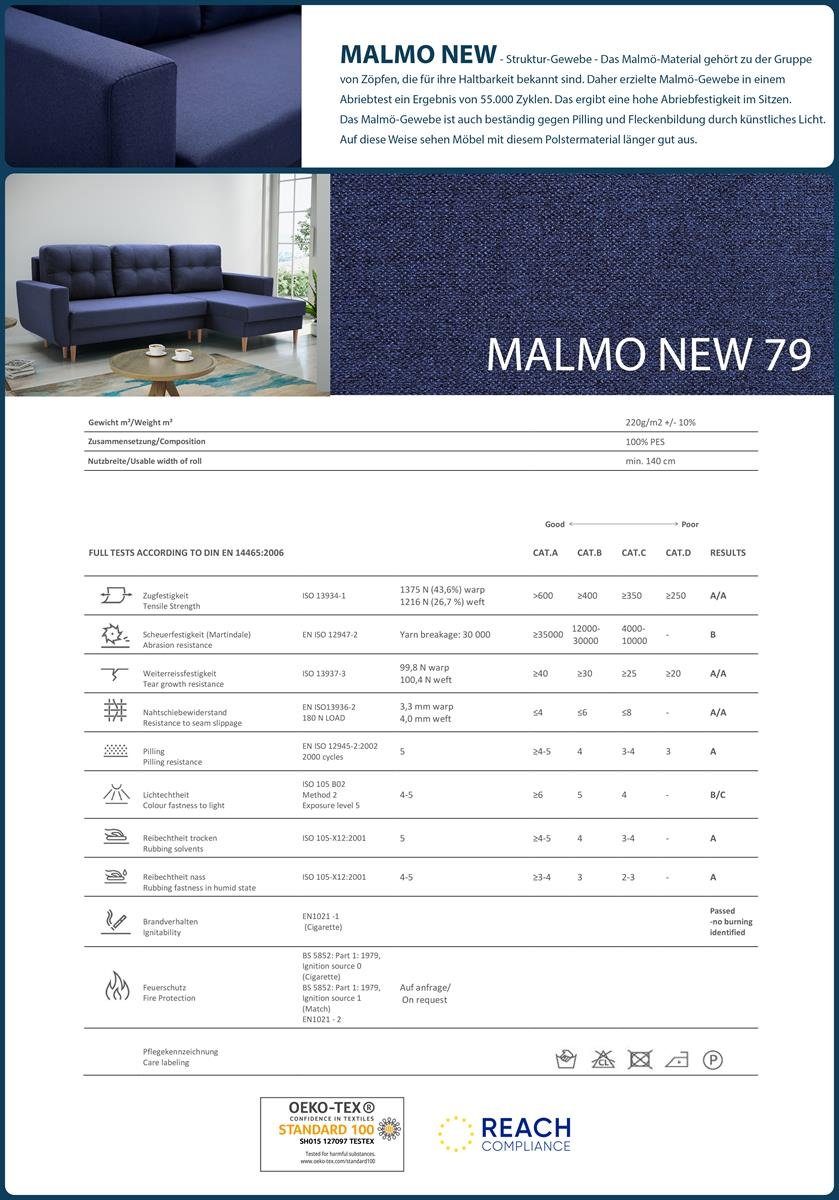 Ecksofa Sofa 79) Marienblau ONLY, new (malmo Polsterecke mit Beautysofa Schlaffunktion, Couch universelle mane mit