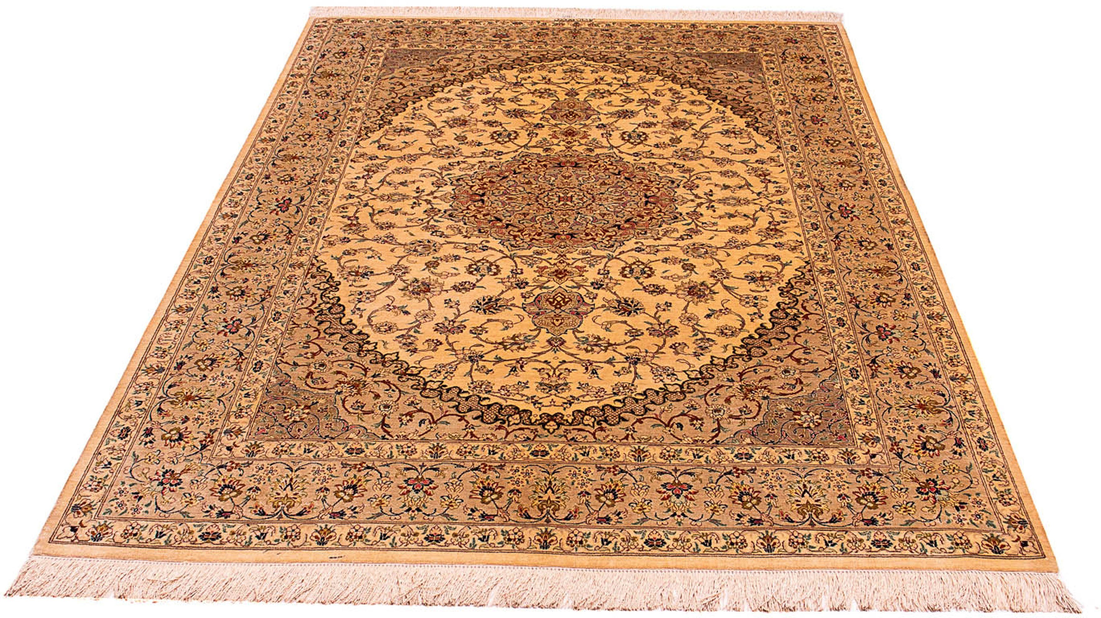 Orientteppich Perser - Ghom - 200 x 133 cm - beige, morgenland, rechteckig, Höhe: 10 mm, Wohnzimmer, Handgeknüpft, Einzelstück mit Zertifikat