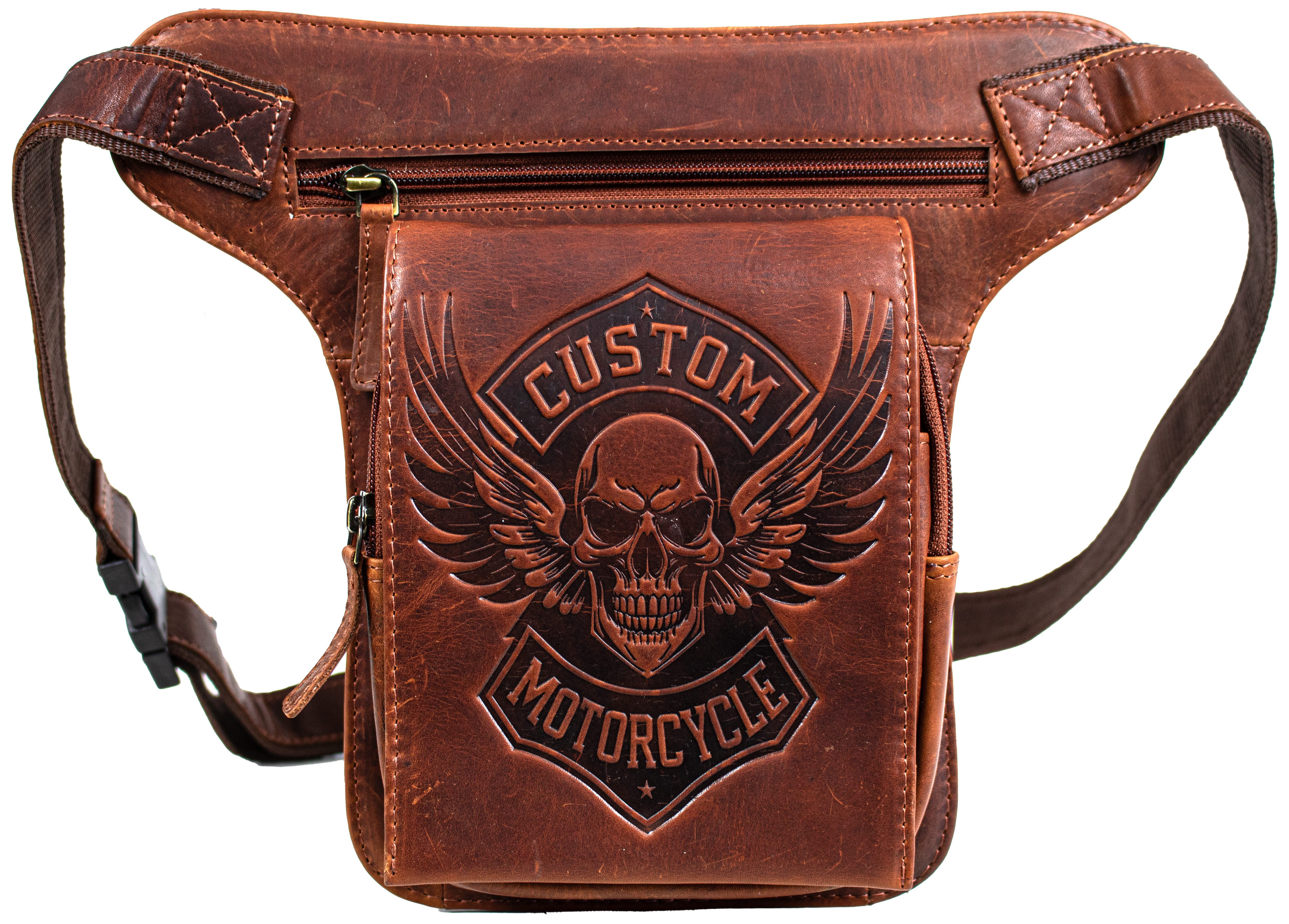 MDM Bauchtasche Biker Beintasche Hüft-, Gürteltasche, Custom Motorcycle Motiv, Echt Leder
