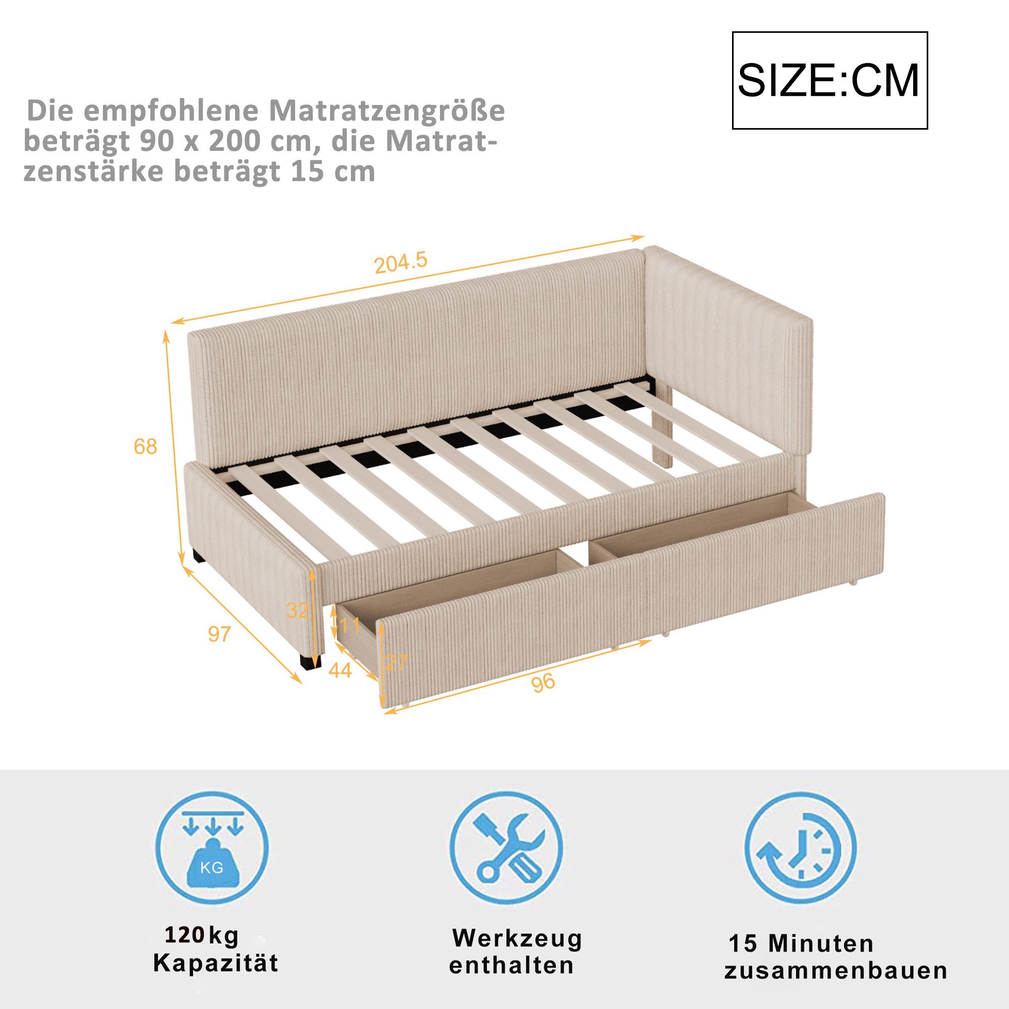 Merax Daybett (1 tlg), Polsterbett Schlafsofa 90x200cm mit Stauraumschubladen,Samt Tagesbett