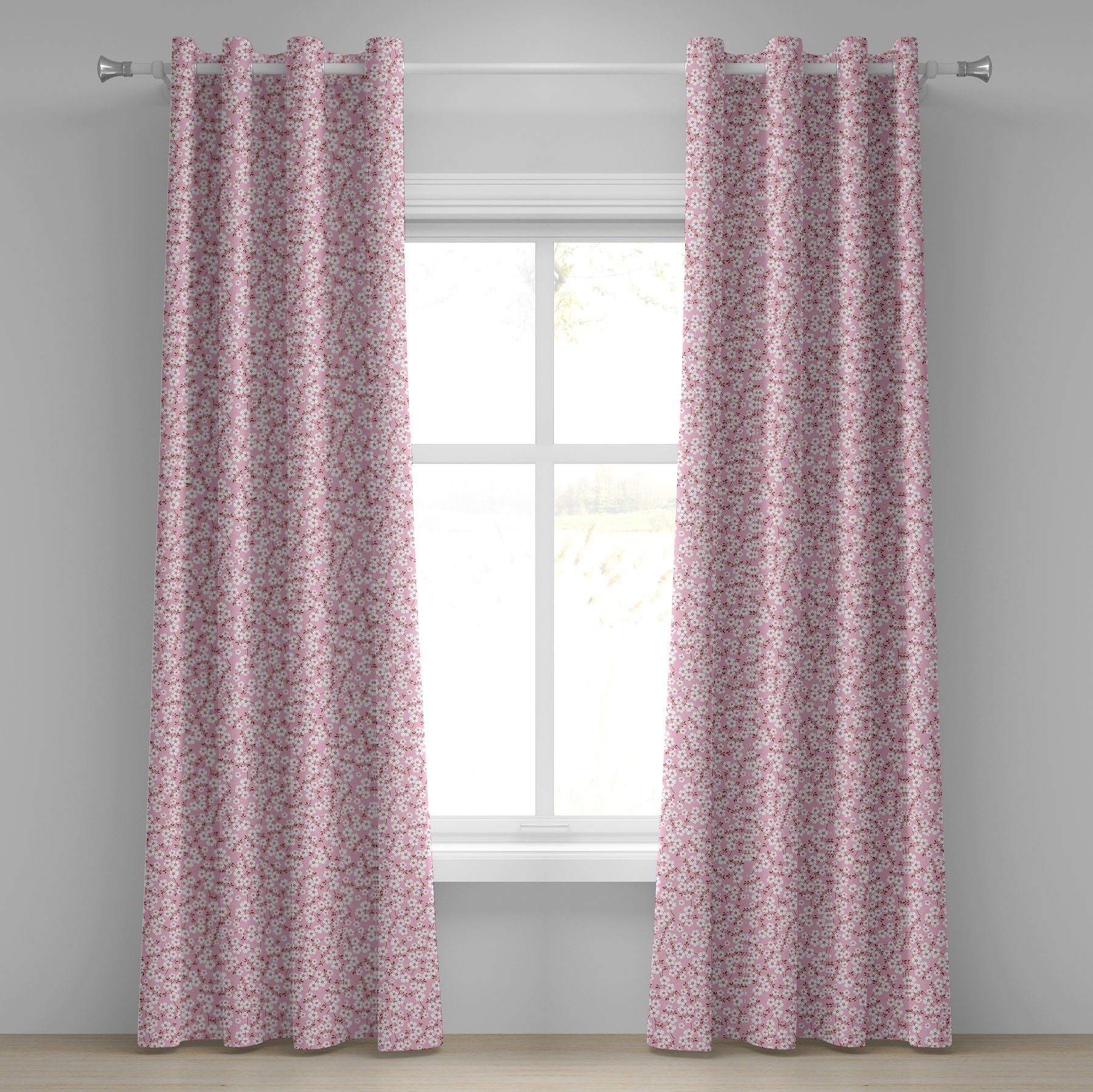 Gardine Dekorative 2-Panel-Fenstervorhänge für Schlafzimmer Wohnzimmer, Abakuhaus, Pink und Weiß Cheery Blüte