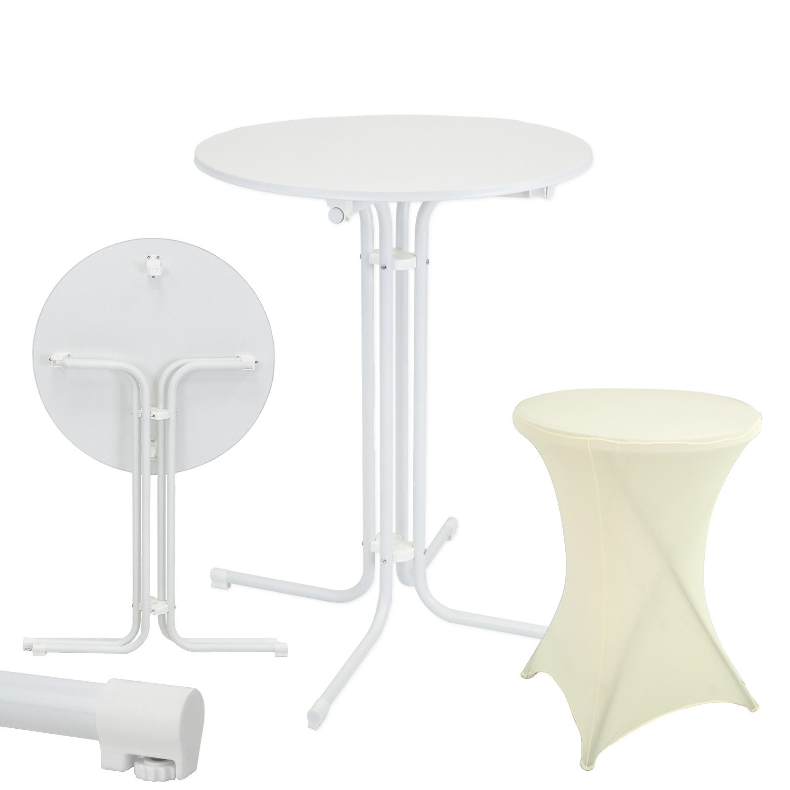 TRUTZHOLM Stehtisch klappbar Ø 80 cm Weiß & Husse Beige bügelfrei Bistrotisch Partytisch (Set aus Stehtisch und Husse), bügelfrei