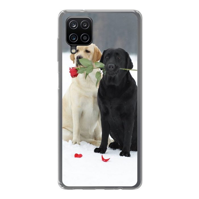 MuchoWow Handyhülle Hund - Rosen - Schnee Handyhülle Samsung Galaxy A12 Smartphone-Bumper Print Handy