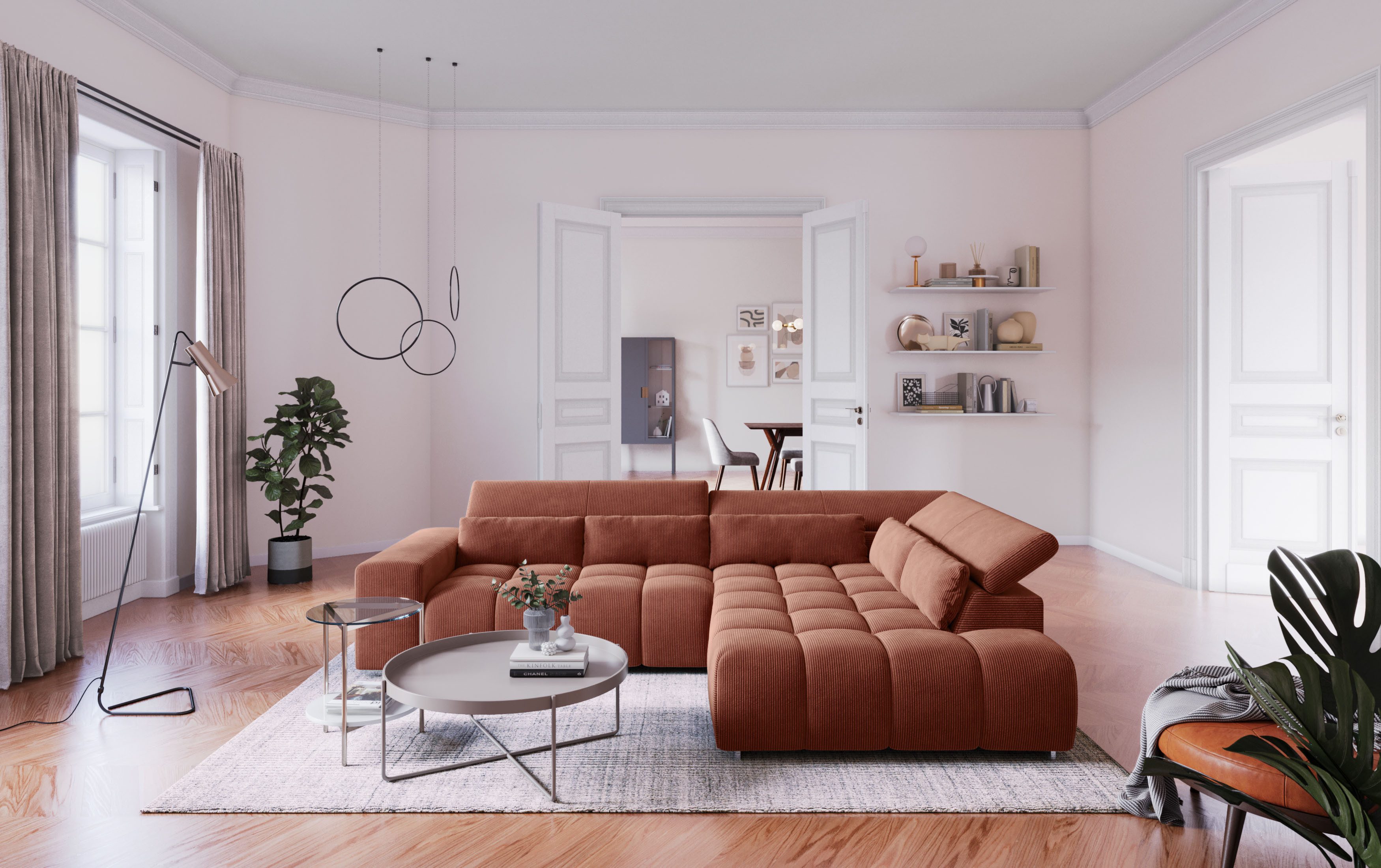 COTTA Ecksofa Orion L-Form, B: 310 cm, moderne Steppung, bequeme Wellenunterfederung, Kopfteilverstellung & 5 Nierenkissen