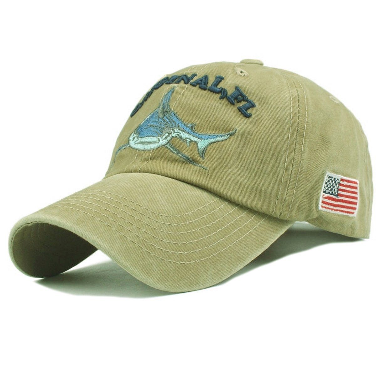 Sporty Baseball Cap Original FL Hai Captain Fischer Angler Anglerkappe Anker Maritim Cap mit Belüftungslöchern khaki