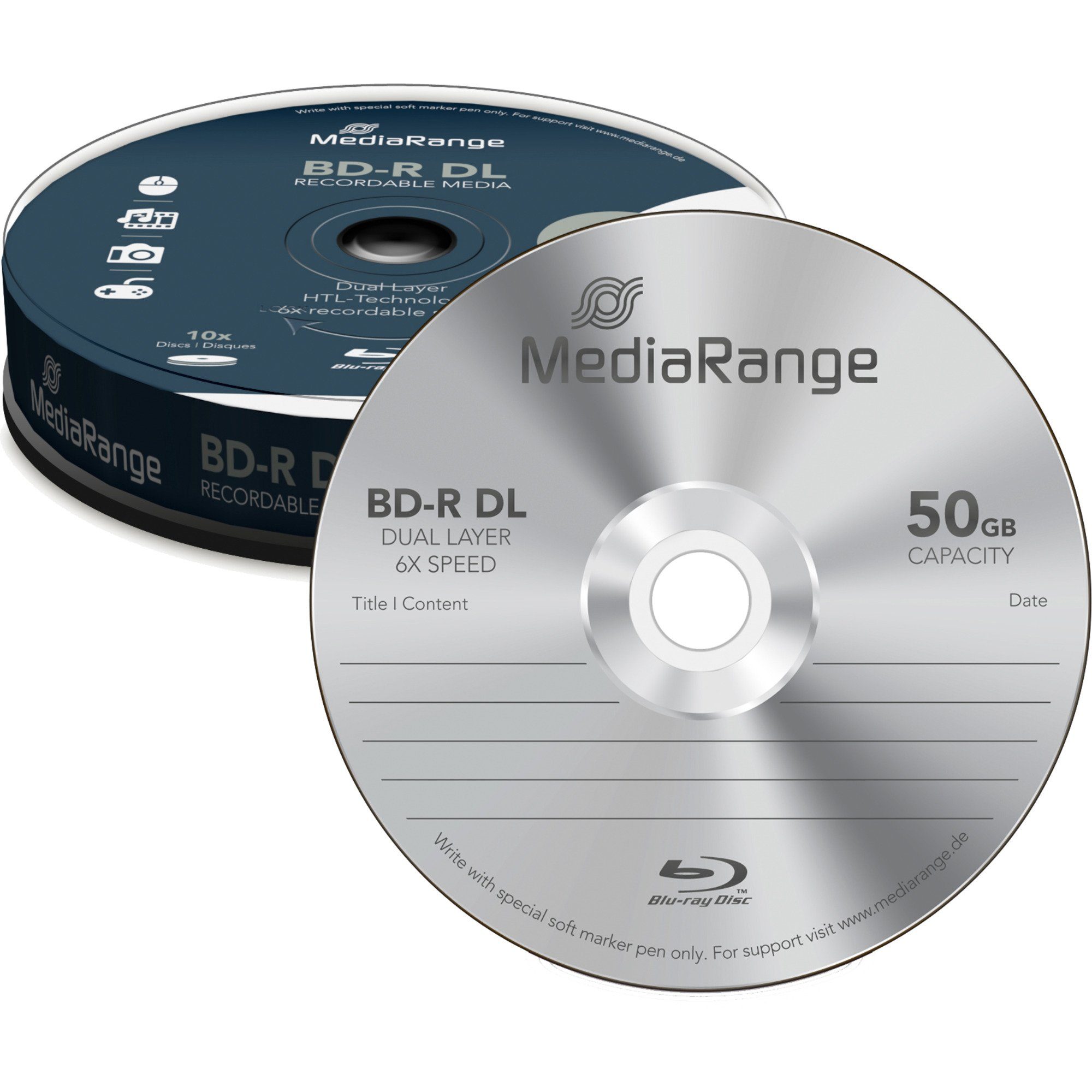 Mediarange Blu-ray-Rohling MediaRange BD-R 50 GB, Blu-ray-Rohlinge, (6fach