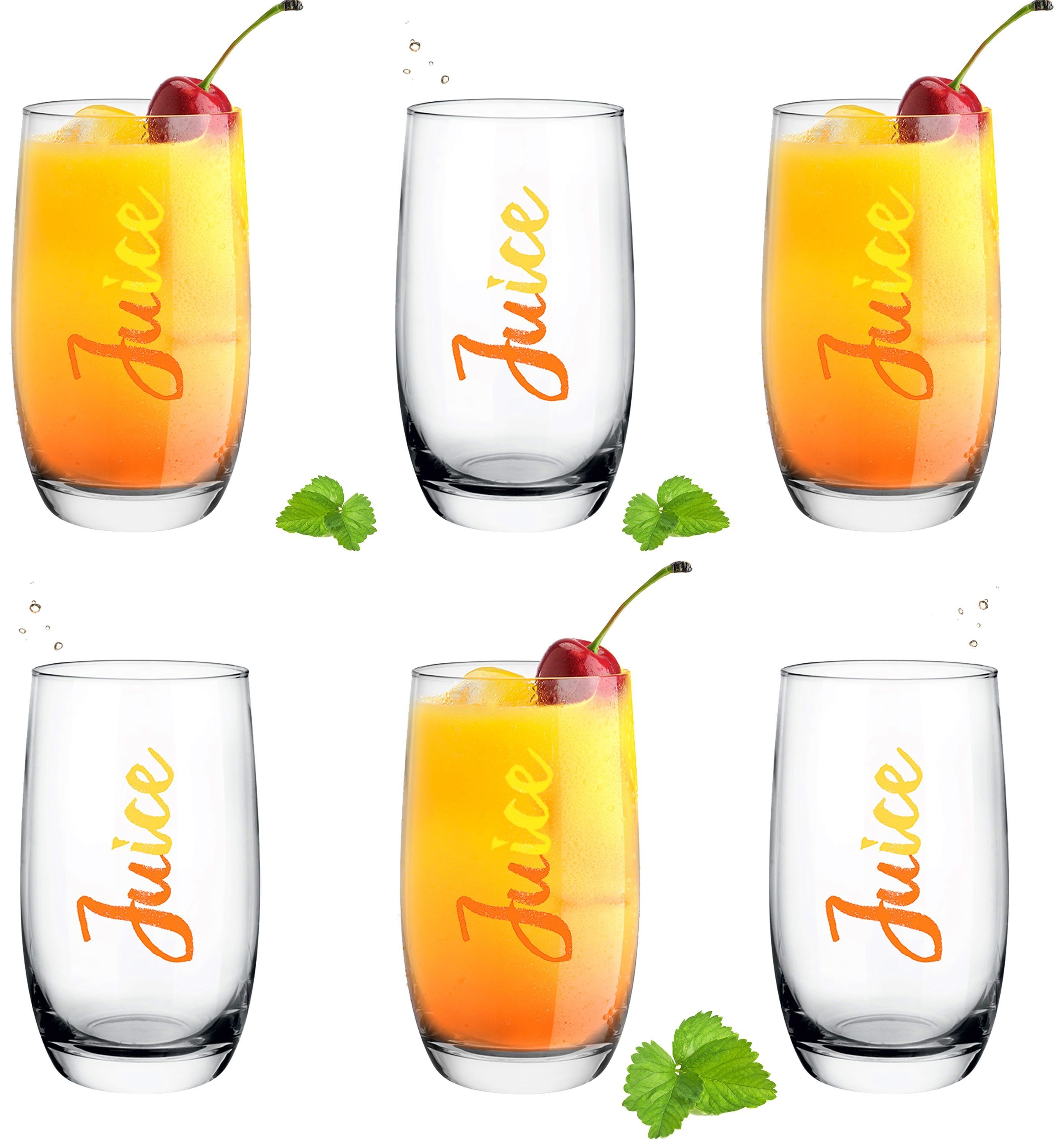 PLATINUX Glas Hohe Trinkgläser mit Juice-Print, Glas, 320ml (max. 380ml) Wassergläser Saftgläser Getränkeglas