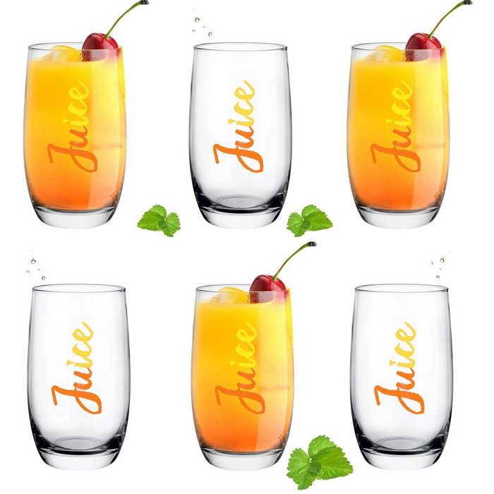 PLATINUX Glas Hohe Trinkgläser Glas mit Juice-Print 320ml (max. 380ml) Set 6-Teilig Wassergläser Saftgläser Getränkeglas