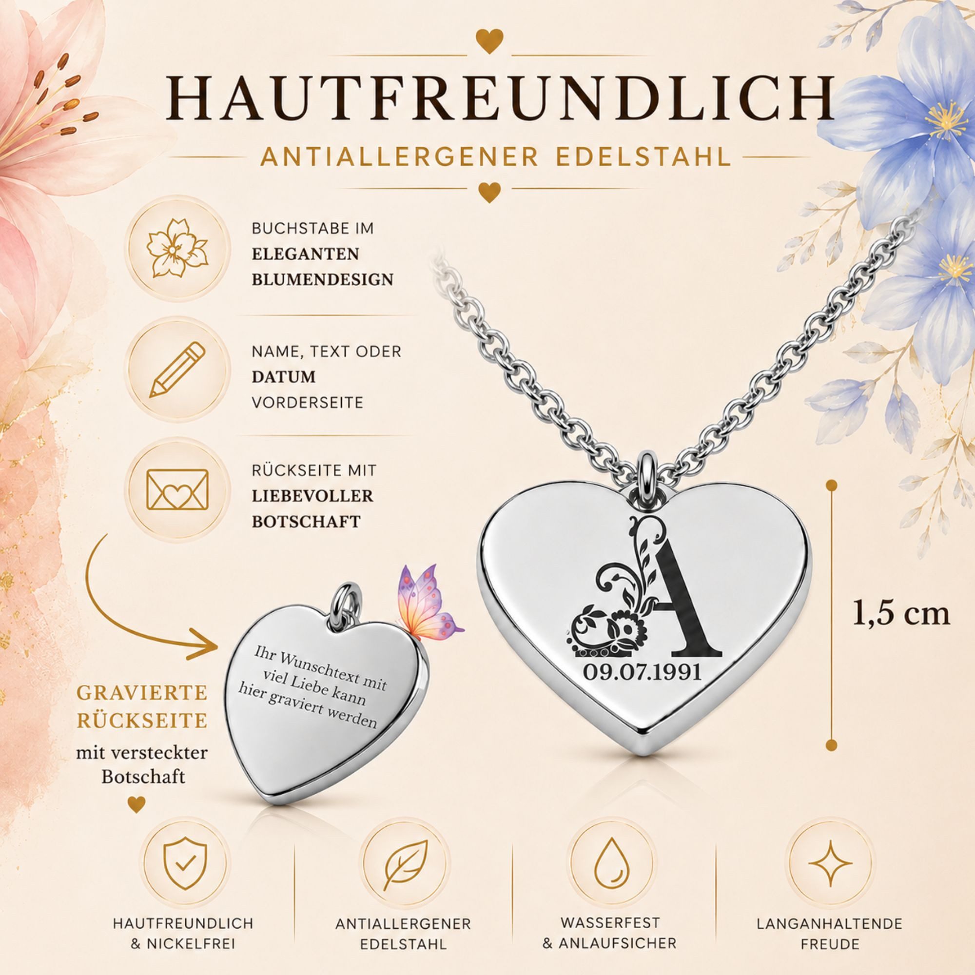 BS Schmuckdesign Kette mit Anhänger mit Gravur Personalisierte Halskette Damen Namenskette Herz Initiale (persönliche Gravur), inkl. Geschenkbox