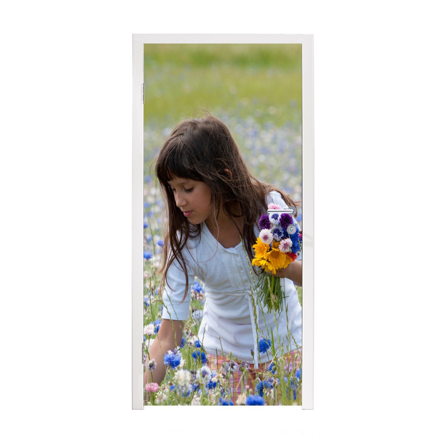 MuchoWow Türtapete Mädchen - Blumen - Wiese, Matt, bedruckt, (1 St), Fototapete für Tür, Türaufkleber, 75x205 cm