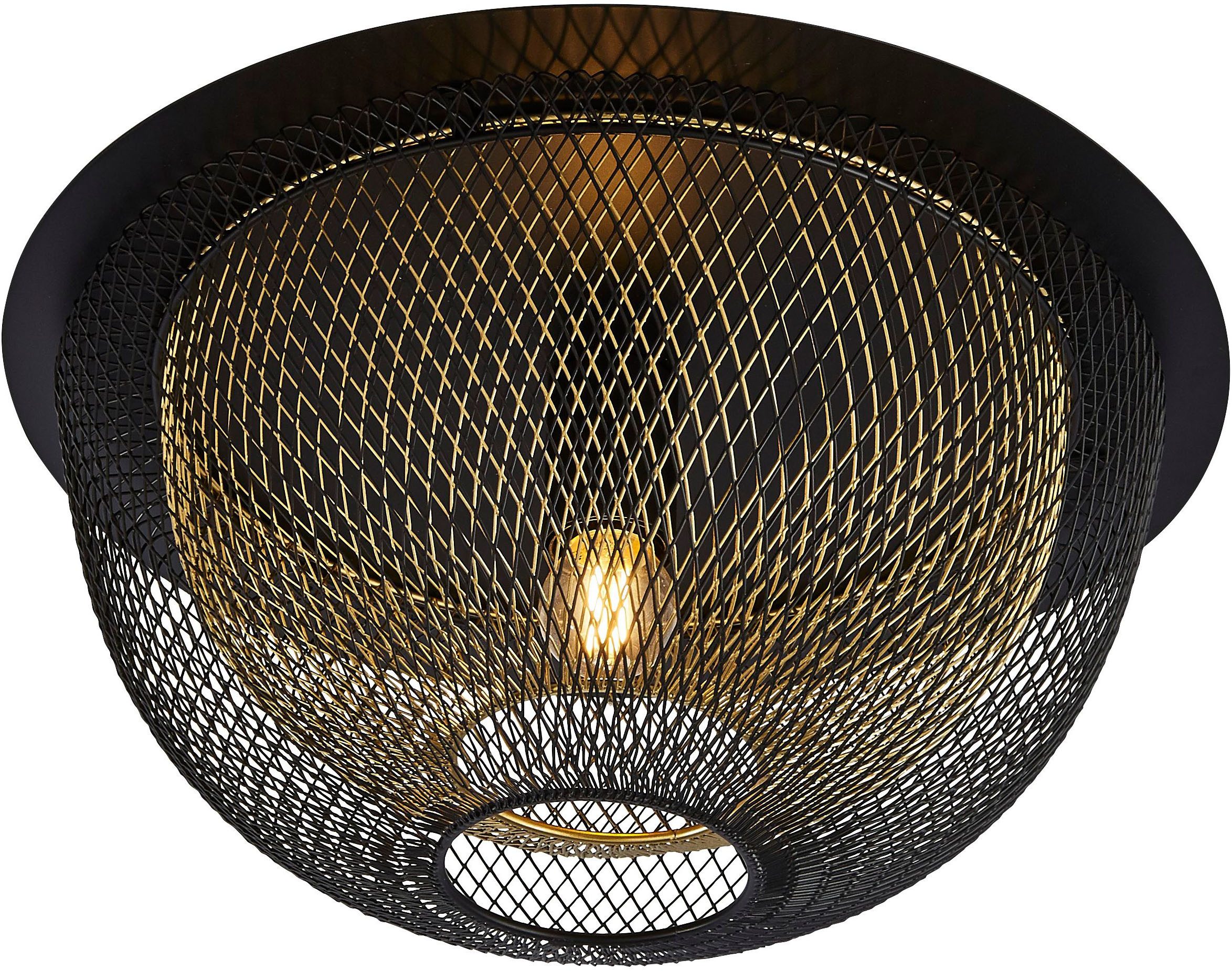 Searchlight Deckenleuchte Honeycomb Flush - Black Metal & Gold Mesh, Leuchtmittel wechselbar