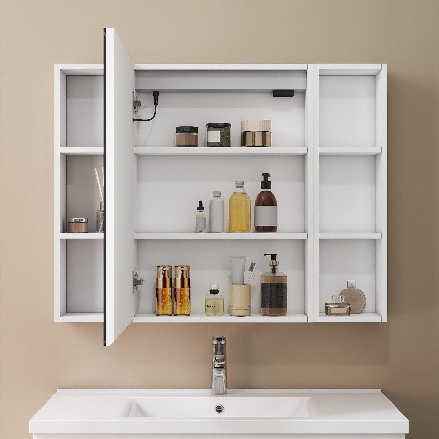 duschspa Spiegelschrank LED Badschrank mit Steckdose drei Lichtfarbe dimmbar Beschlagfrei Touch/Wandschalter, Weiß Matt/Schwarz Hochglanz, 40-100cm