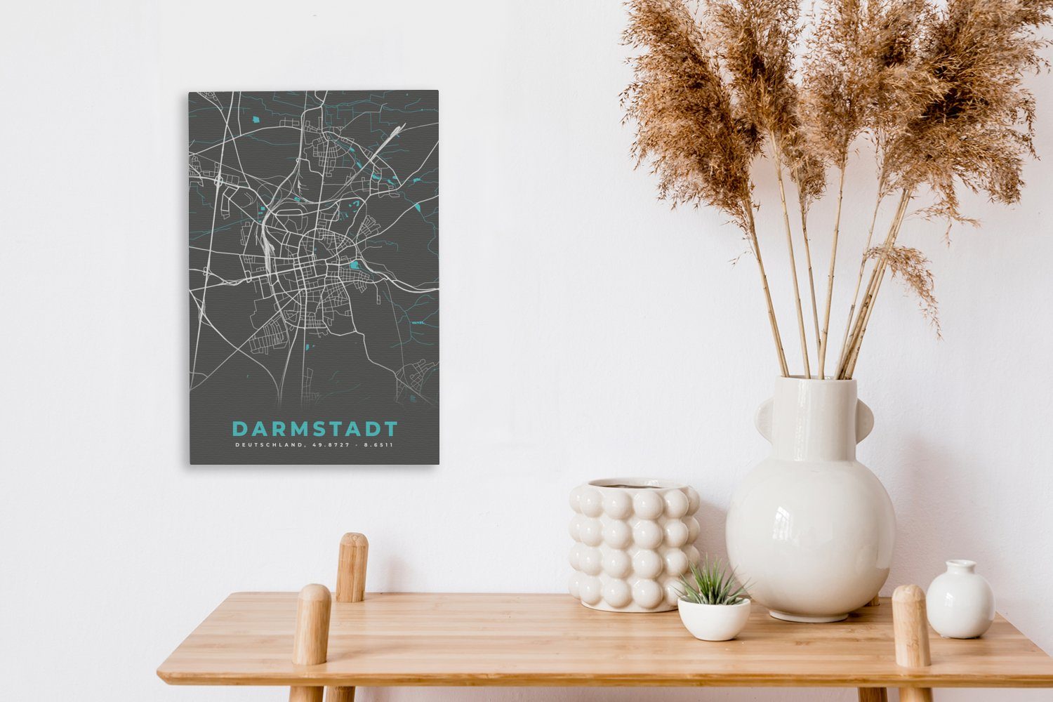 - - - Stadtplan Gemälde, Leinwandbild 20x30 Darmstadt Blau Deutschland, fertig inkl. (1 Karte Zackenaufhänger, cm bespannt OneMillionCanvasses® St), Leinwandbild -