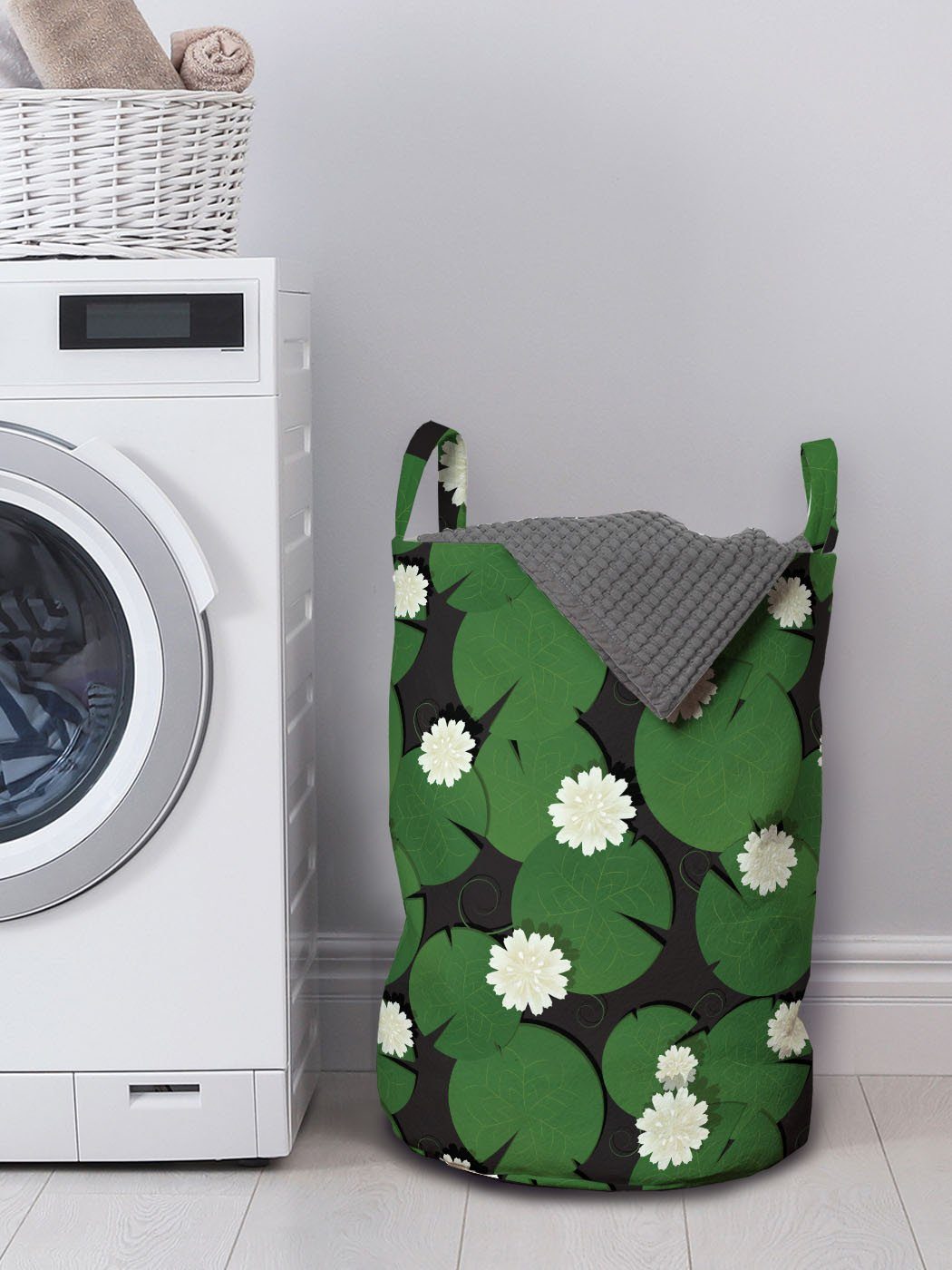 Wäschesäckchen Natürlich Floral-Wasser-Lilien-Muster Wäschekorb Kordelzugverschluss mit Griffen Abakuhaus für Waschsalons,