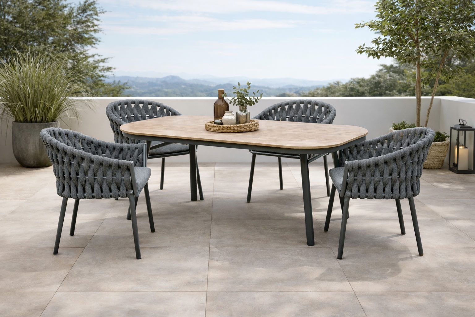 Destiny Garten-Essgruppe MOLINO SAN MARINO 4 Se + Tisch OV 180x90cm holzfarben/ anthrazit, (Set, 4 Sessel inkl. Sitzkissen, 1 Tisch), Aluminium, Rope, Polywood
