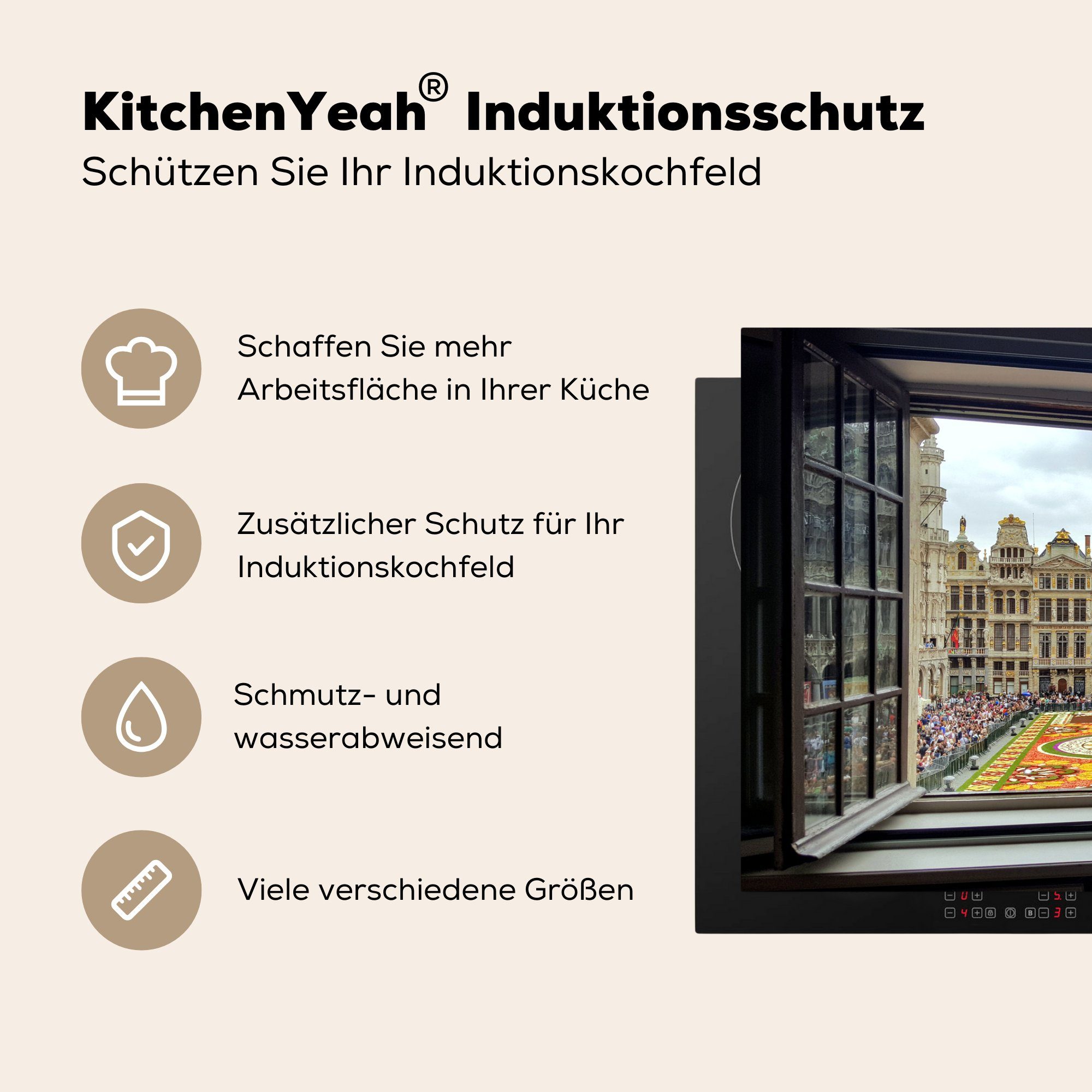MuchoWow Herdblende-/Abdeckplatte Fenster 81x52 küche, Induktionskochfeld die Place Vinyl, - Grand für (1 Ceranfeldabdeckung tlg), Brüssel, Schutz cm, 