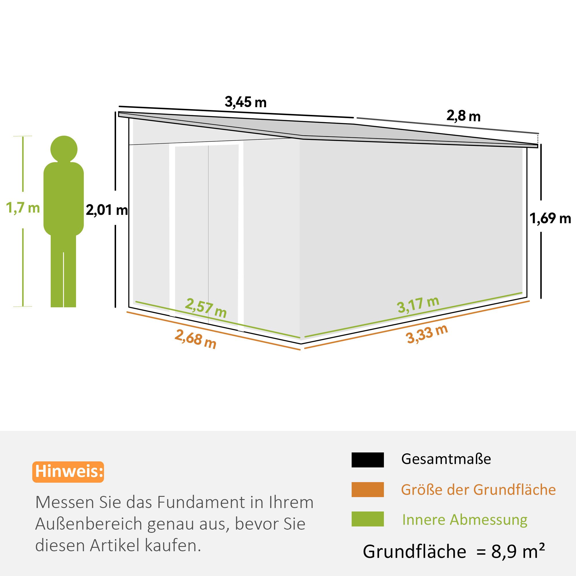 Outsunny Gerätehaus Metall Geräteschuppen mit Pultdach Schiebetür wetterfest 19,4m³, BxT: 280x345 cm, (Geräteschuppen, 1 St., Gartenhaus), 8,9m², 280 x 345 x 201cm, für Hinterhof Außenbereich Garten, Grün