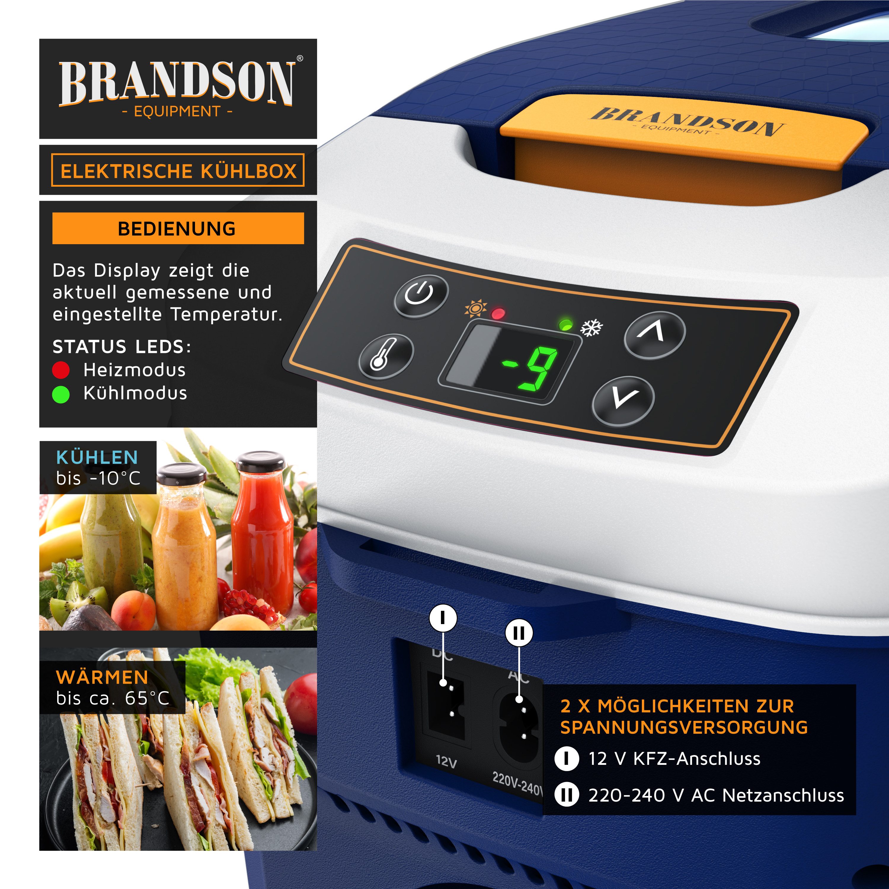 Brandson Elektrische Kühlbox 10 L,  Sichtfensterdeckel, Kühlt & hält Warm, von bis zu -10 bis +65°C, 10 l, 230 V Netzspannung &12 V KFZ Auto Bordspannung, Kühlbox elektrisch