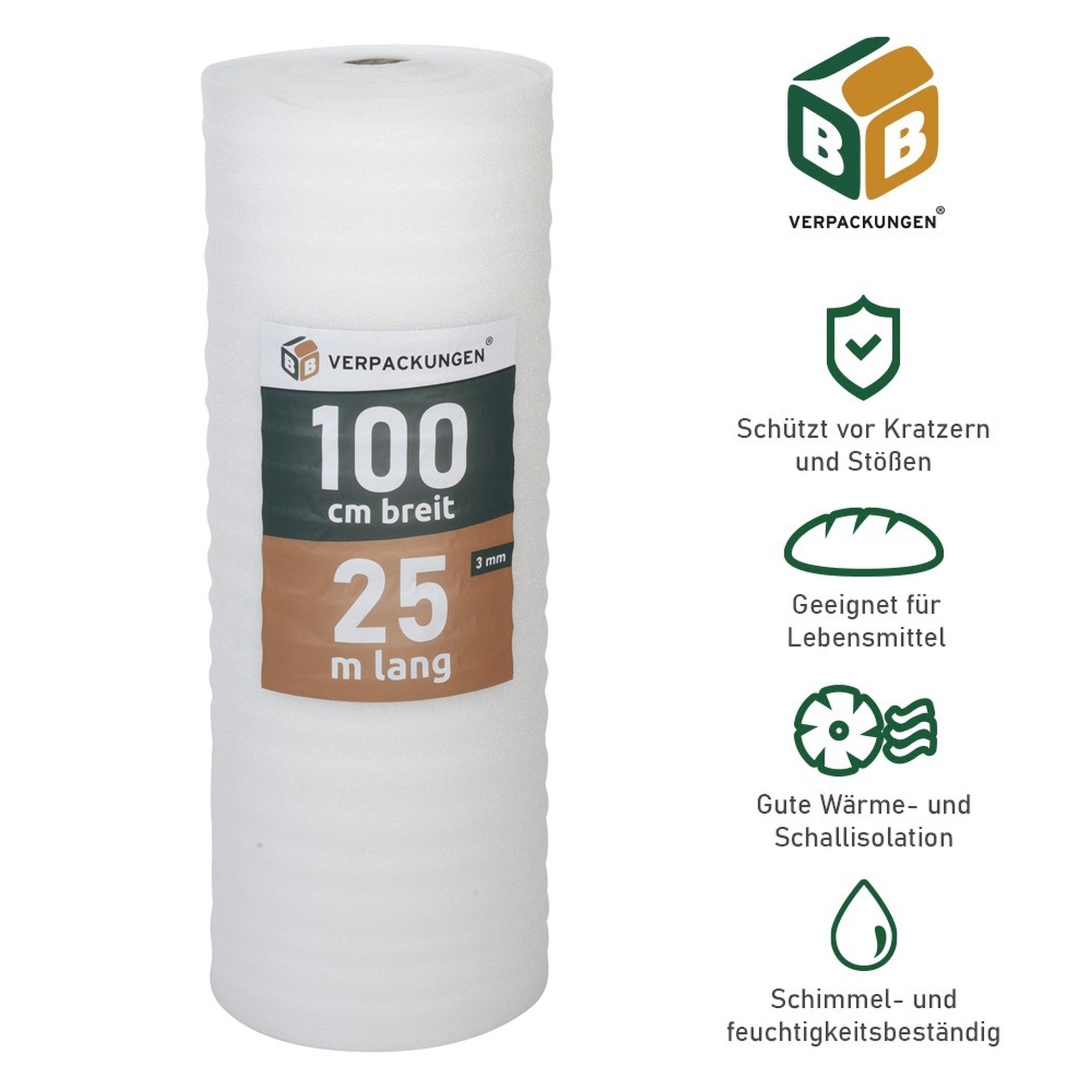 BB-Verpackungen Trittschalldämmfolie Trittschalldämmung 3 mm PE-Schaumfolie, 3 mm Stärke, 25 m²