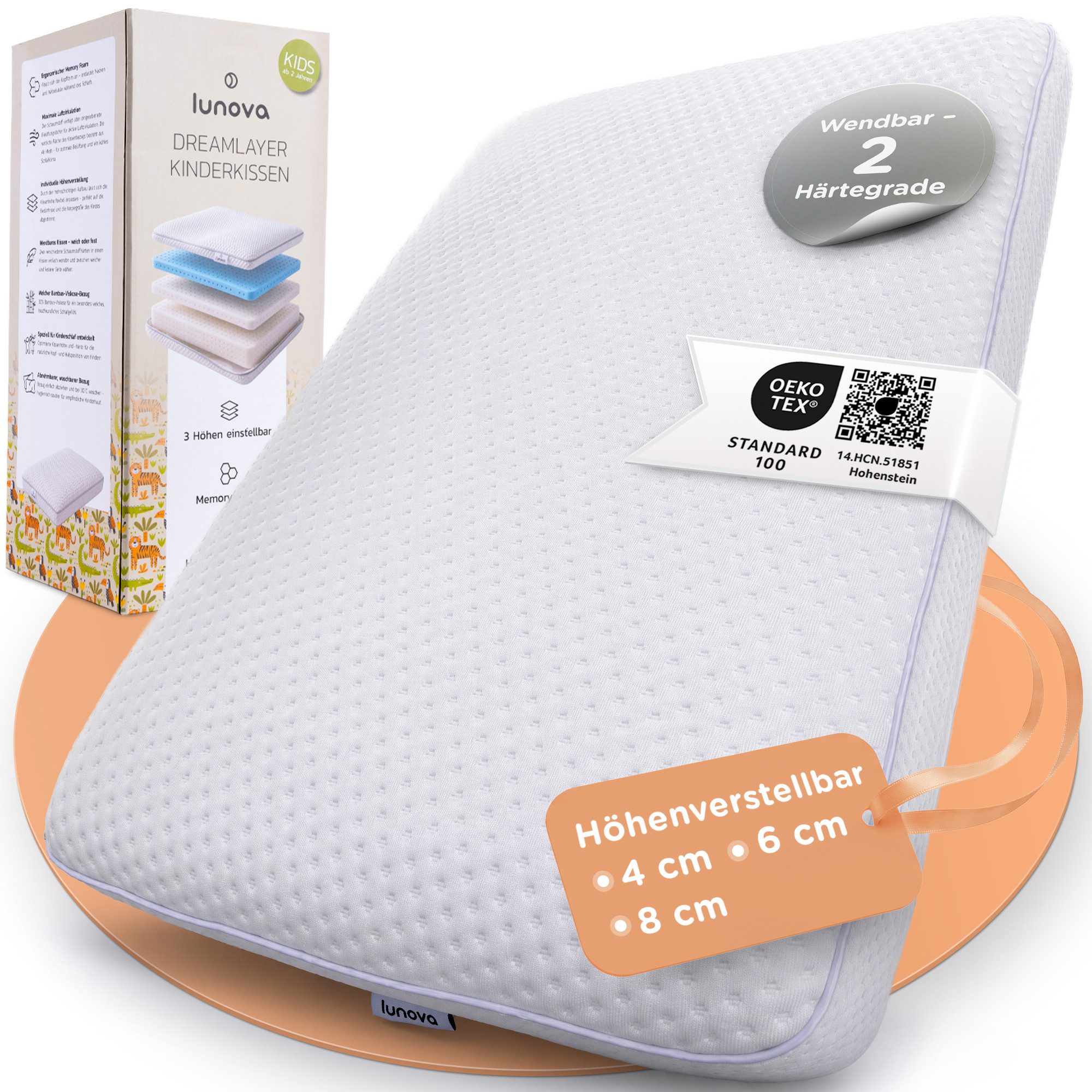 Lunova Schlafkissen DreamLayer Kinderkissen, Füllung: Memory Foam, Seitenschläfer, Rückschläfer, Höhenverstellbar, Temperaturregulierend, 2 Härtegrade