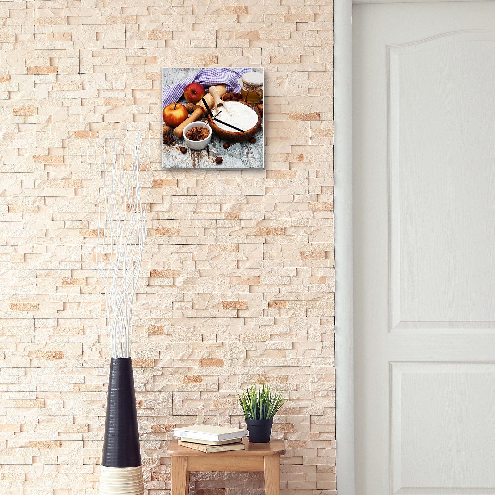 Primedeco Wanduhr cm Apfelkuchen Wandkunst mit Zutaten Glasuhr Größe 30 Wanduhr 30 x Motiv für
