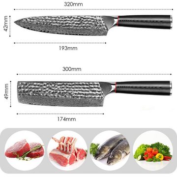 KEENZO Damastmesser 2tlg.Chefmesser Set Hammerschlagoberfläche Küchenmesser Damaststahl