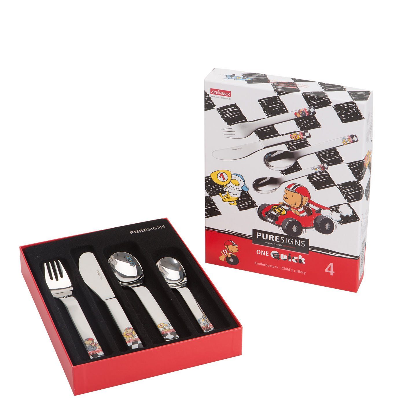PURESIGNS Kinderbesteck QUICK (4-tlg), 1 Personen, Edelstahl 18/10, Plastikfreier Essgenuss für die Kleinen