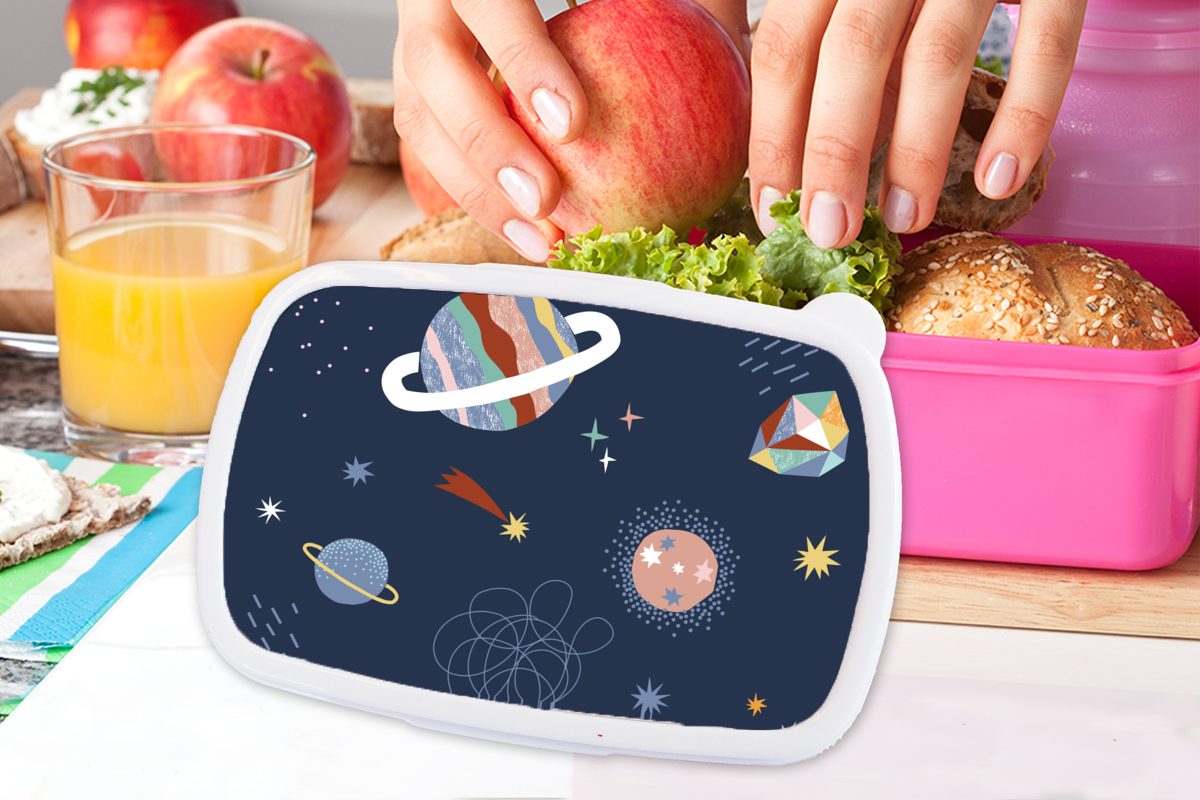 Kinder, Brotbox rosa Planeten, Erwachsene, - Kunststoff Mädchen, Brotdose Kunststoff, Weltraum Lunchbox - (2-tlg), für Kinderzimmer Snackbox, MuchoWow