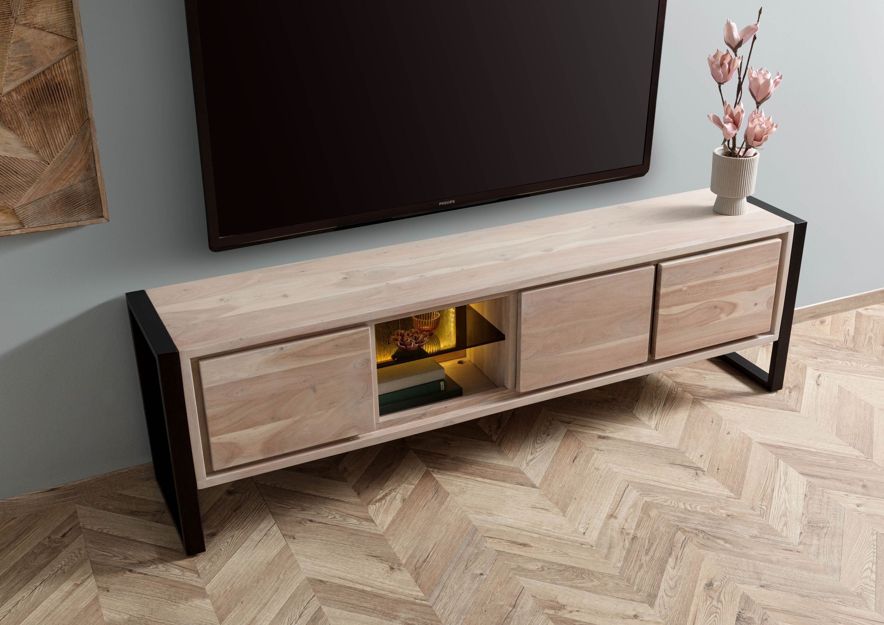 Massivmoebel24 Lowboard DENVER (Massivholz), Akazie / Altholz 200x40x60 natur lackiert DENVER #116