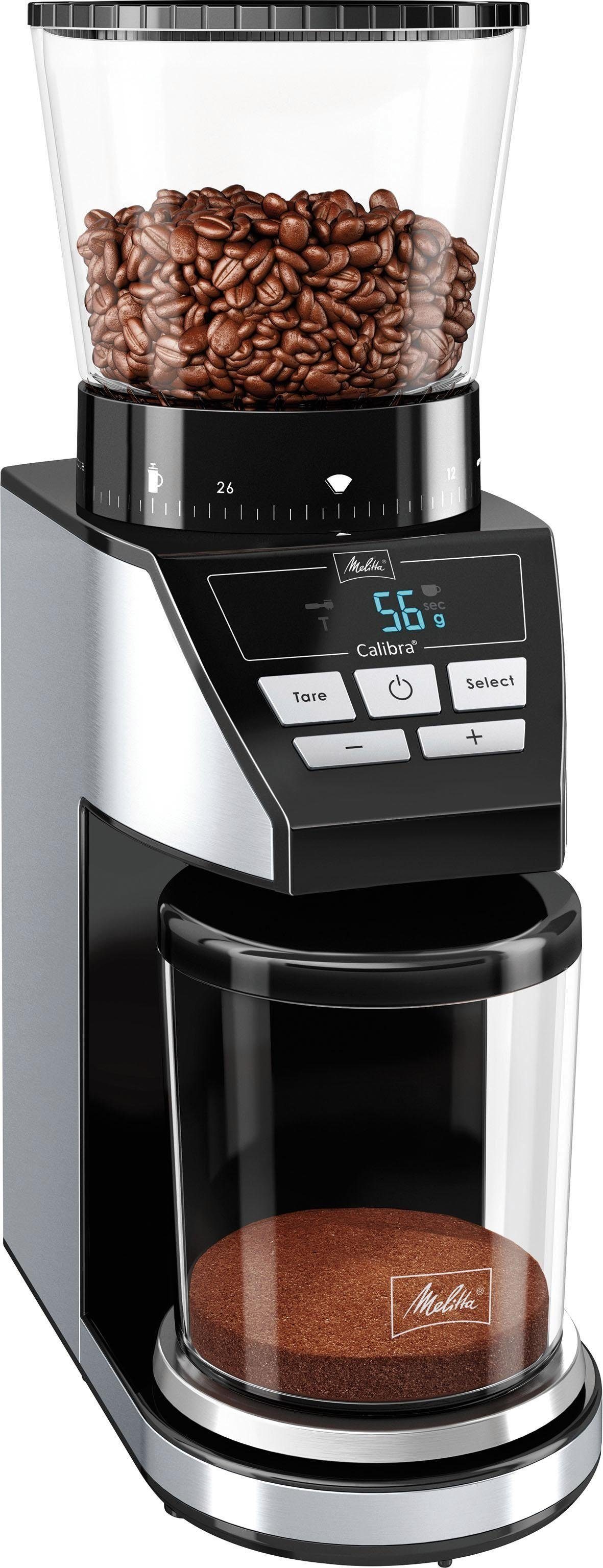 Melitta Kaffeemühle Calibra 1027-01 schwarz-Edelstahl, 160 W, Kegelmahlwerk, 375 g Bohnenbehälter schwarz|silberfarben