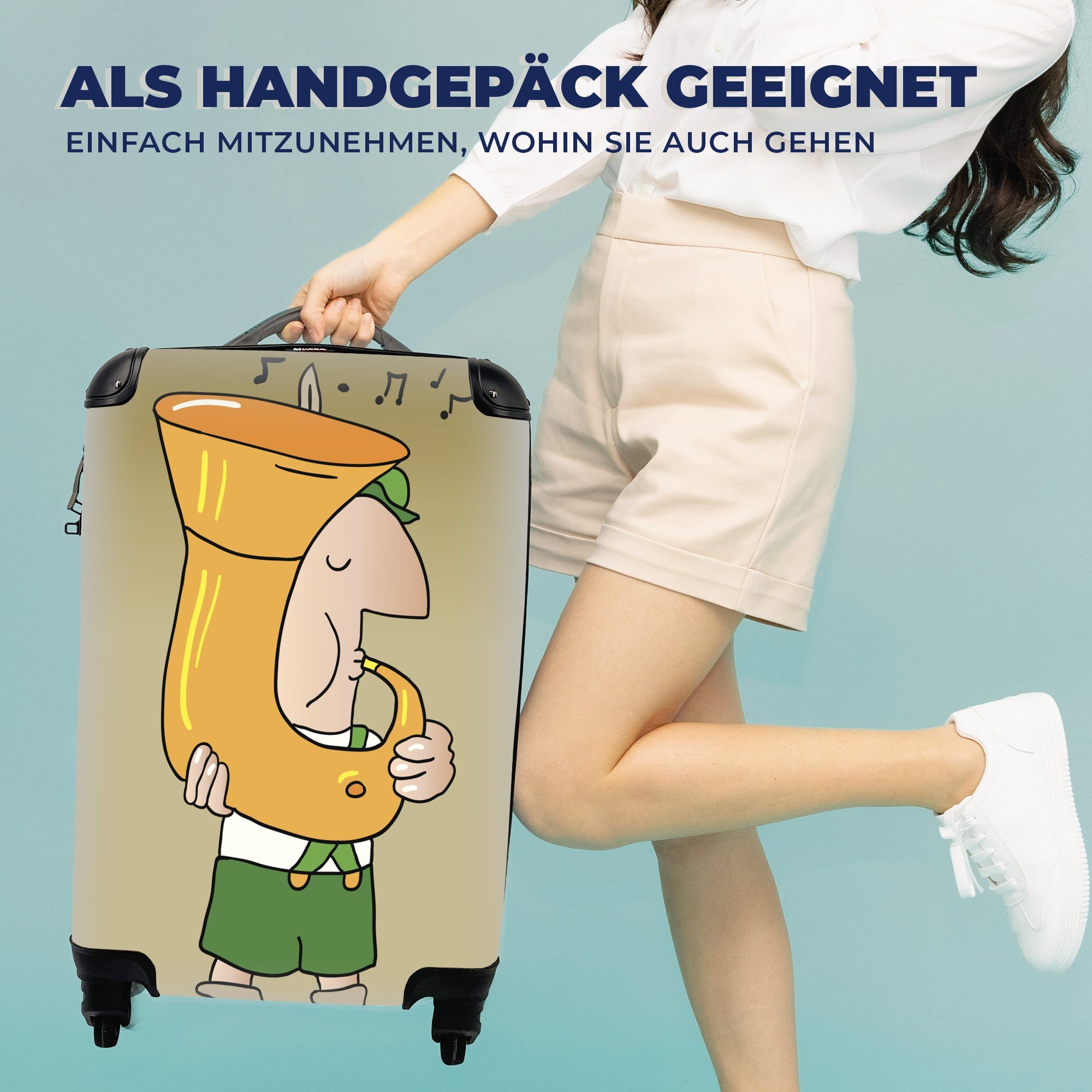 MuchoWow Handgepäckkoffer für Reisetasche Handgepäck bayerischen rollen, Tubamusikers., Ferien, 4 Eine Rollen, mit Reisekoffer eines Illustration Trolley