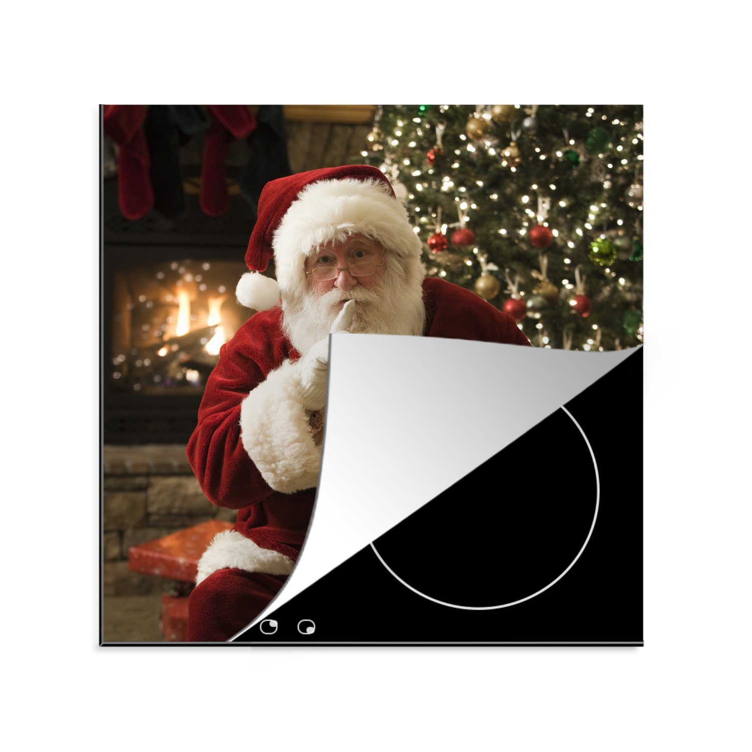 MuchoWow Herdblende-/Abdeckplatte Der Weihnachtsmann mit einem bunten Weihnachtsbaum im Hintergrund, Vinyl, (1 tlg), 78x78 cm, Ceranfeldabdeckung, Arbeitsplatte für küche
