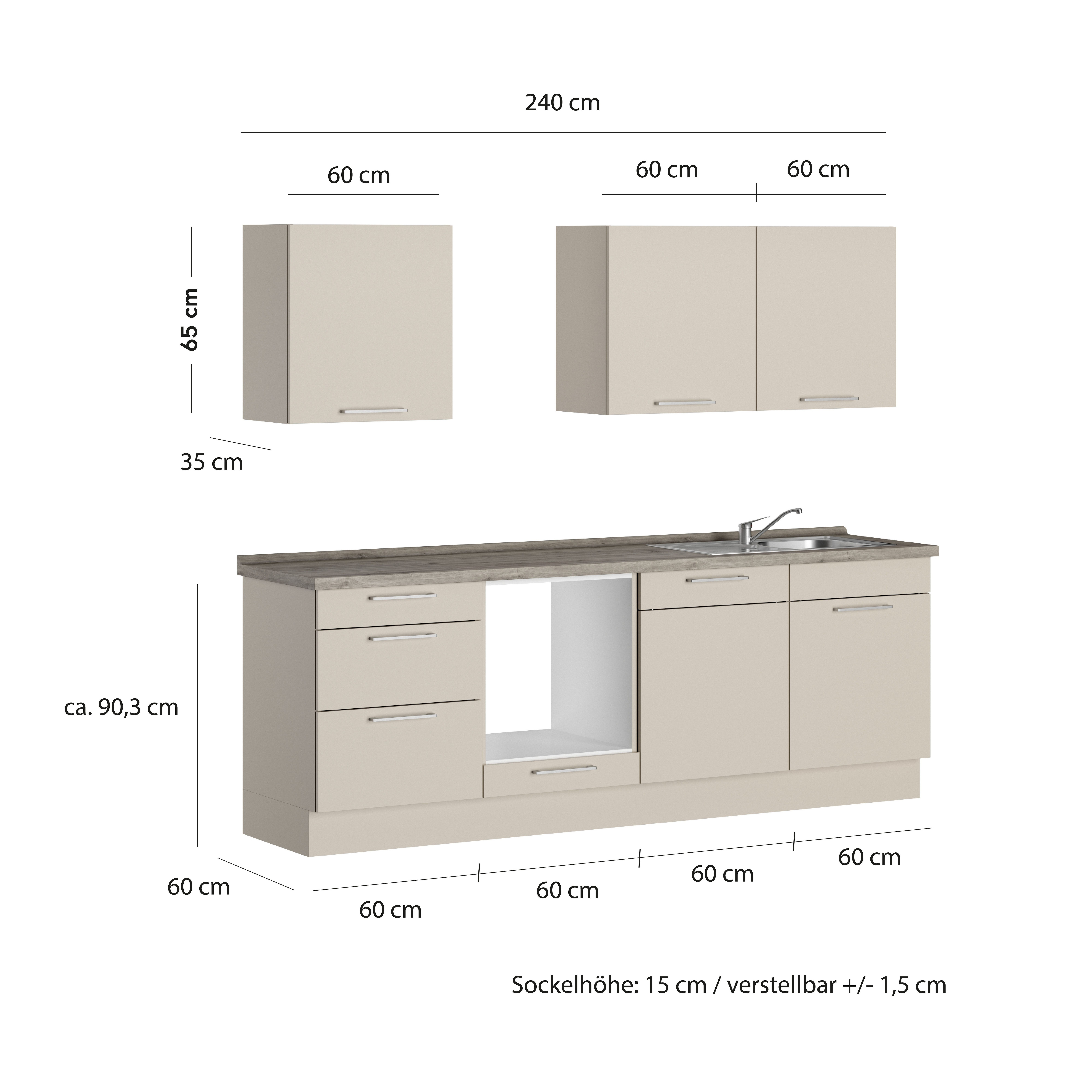 ROCTOR Küchenzeile RT5002 Kaschmir / AP Sommereiche silbergrau - 240 cm Breit, Vormontiert, ohne E-Geräte, Küchenkorpus Made in Germany