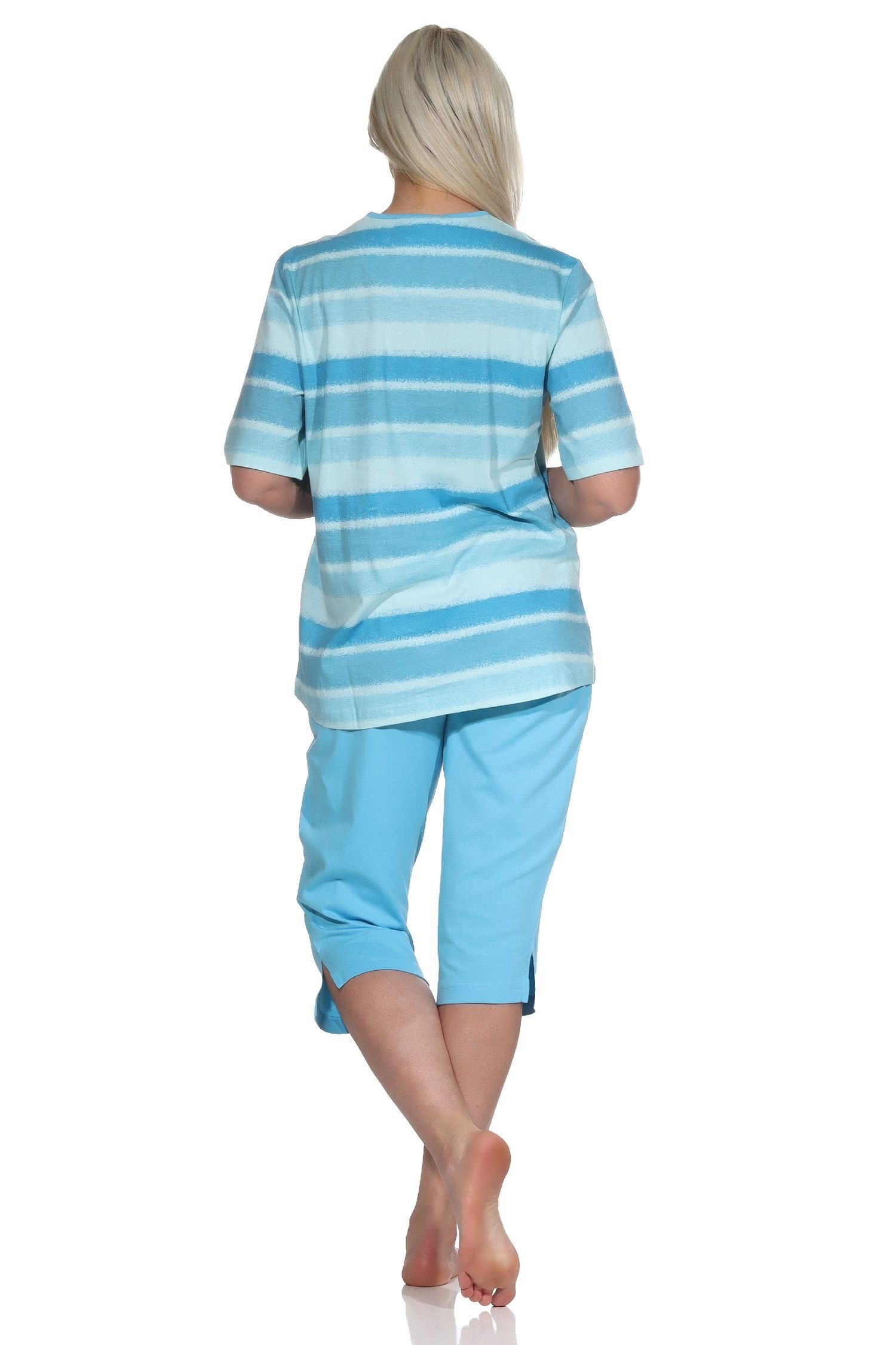 Normann Pyjama Damen Capri Streifen blau farbenfrohen Schlafanzug im kurzarm Pyjama Look