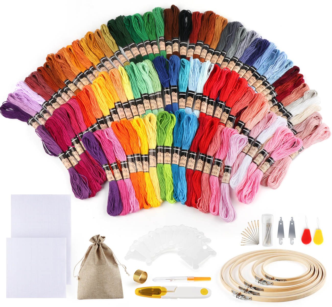 ElitVita Stickgarn Set, 100 Farbfäden, mit 2 Tuch 5 Bambus Stickrahmen Bastelgarn, (100-St), für Stickerei Starter Kreuzstickerei DIY-Stoff