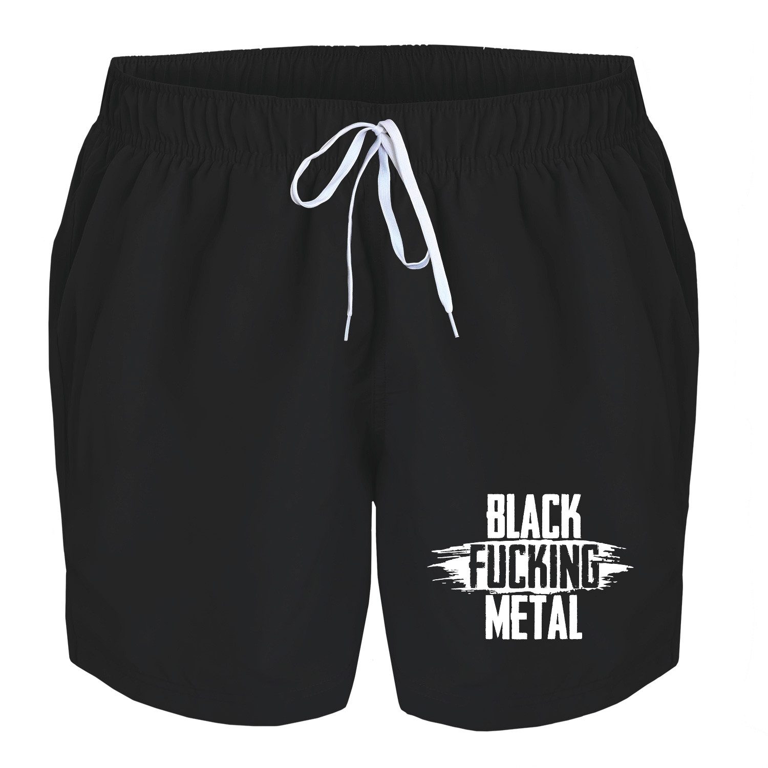 deinshirt Badehose Schwimmshorts black fucking Metal Integrierter Netz-Slip, aufgesetzte Gesäßtasche mit Klettverschluss