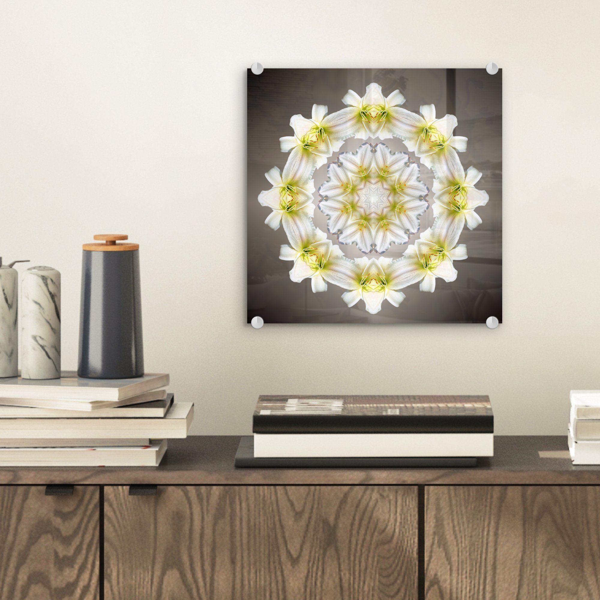 MuchoWow Blume Eine in Foto Wandbild - - auf - Acrylglasbild Form Bilder Mandalas, (1 Wanddekoration eines auf Glasbilder weiße Glas St), Glas