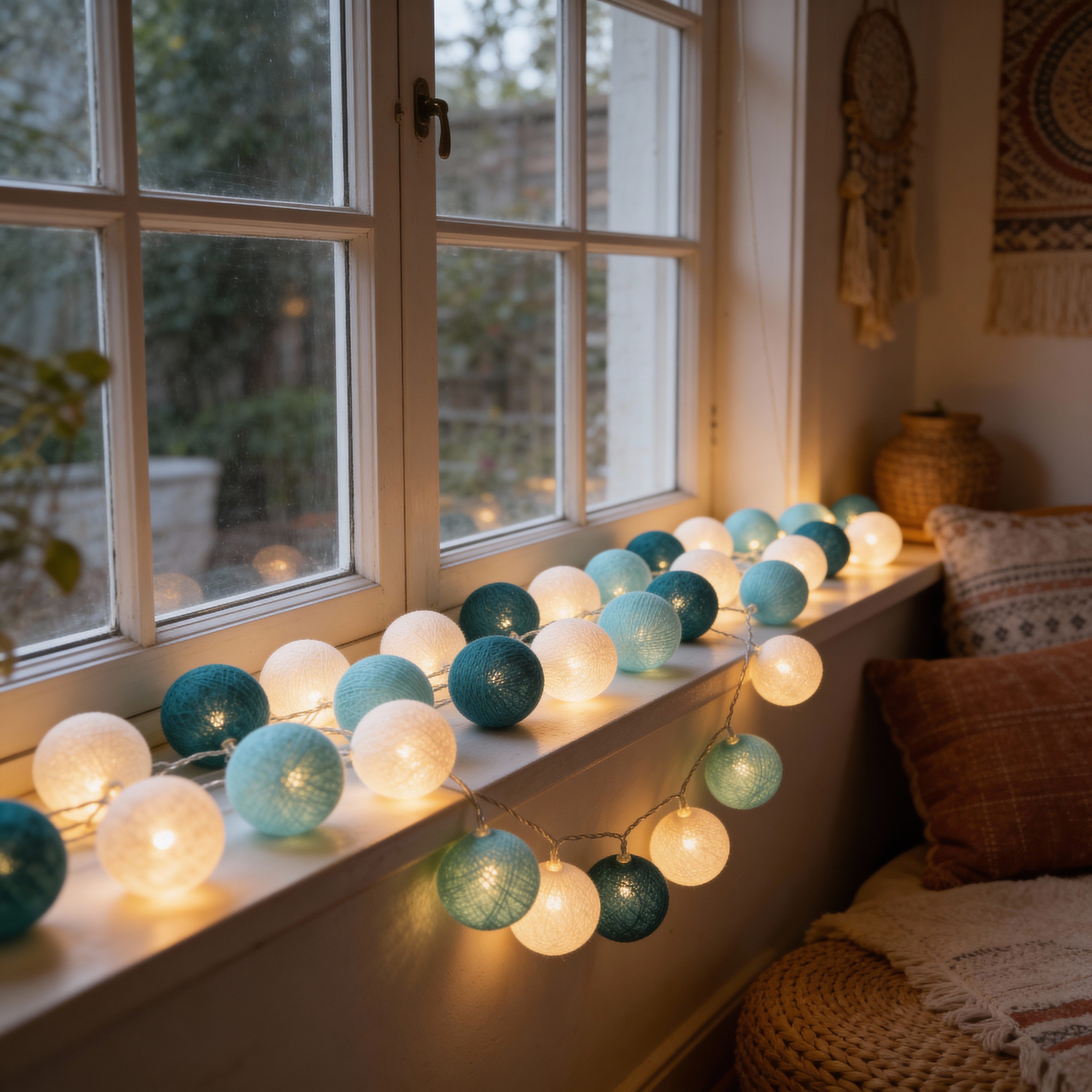 Guru-Shop LED-Lichterkette Stoff Ball Lichterkette 20`er LED Kugel Lampion..