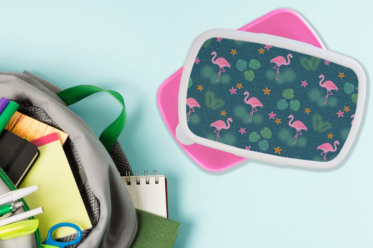 MuchoWow Lunchbox - Snackbox, Pflanzen - Kunststoff, Brotbox (2-tlg), für Erwachsene, Mädchen, Muster, Kinder, Brotdose Flamingo rosa Kunststoff