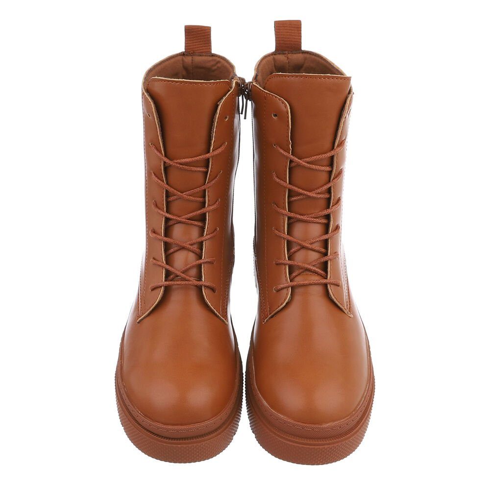 Ital-Design Damen Schnürschuhe Freizeit Schnürstiefelette (84906765) Blockabsatz Plateaustiefeletten in Camel