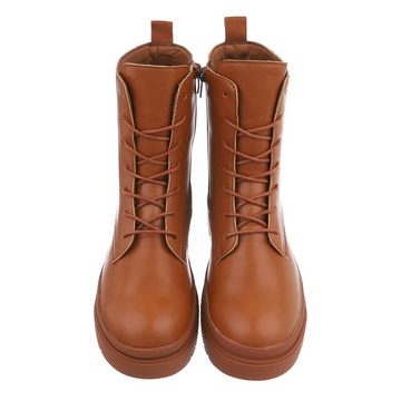 Ital-Design Damen Schnürschuhe Freizeit Schnürstiefelette Blockabsatz Plateaustiefeletten in Camel