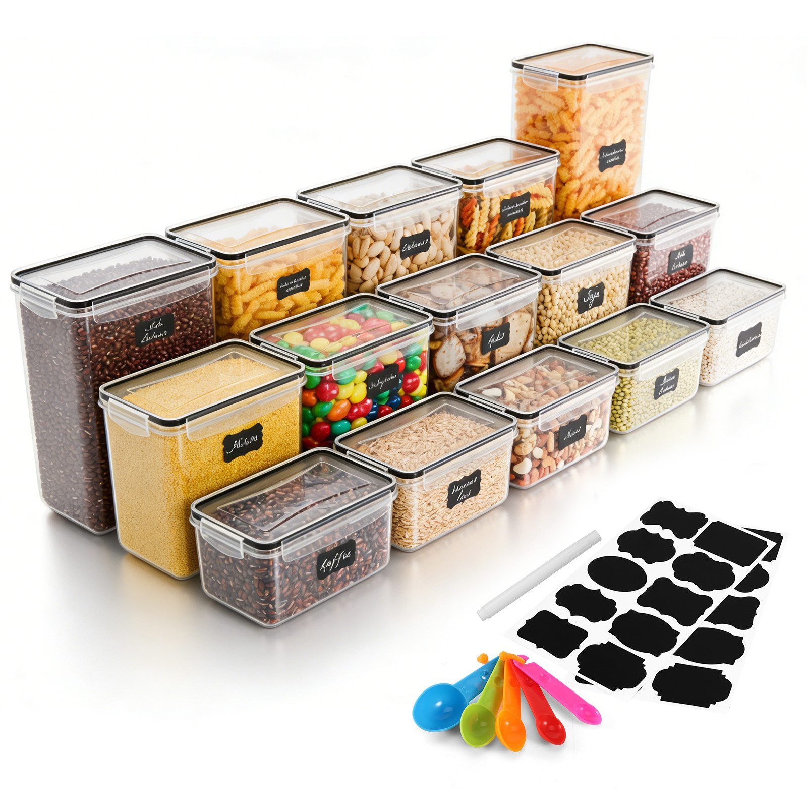 BlingBin Vorratsdose Stapelbar Aufbewahrungsbox Küche mit Deckel BPA-frei Küchen Organizer, PP + Silikon, (15er Set, 15-tlg., Kapazität: 0,8L*5, 1,4L*5, 2L*4, 2,8L*1), Luftdicht Vorratsbehälter mit Etiketten für Cornflakes Müsli Mehl