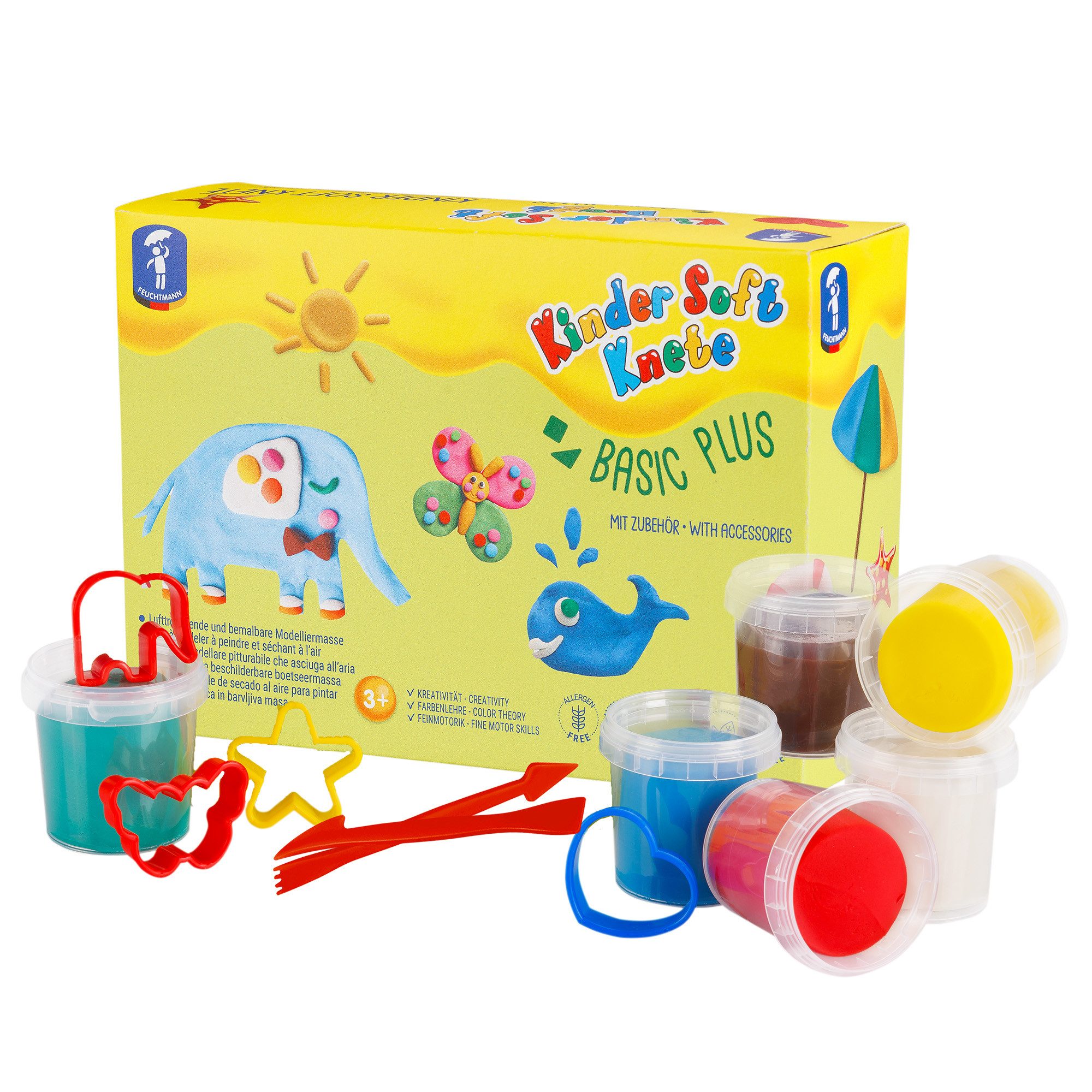 Feuchtmann Knetform-Set KINDER SOFT KNETE Basic Plus (Knetset, 1-tlg., mit Förmchen und Werkzeugen), 6 x 150g weiche Kinderknete in praktischen Dosen mit Zubehör